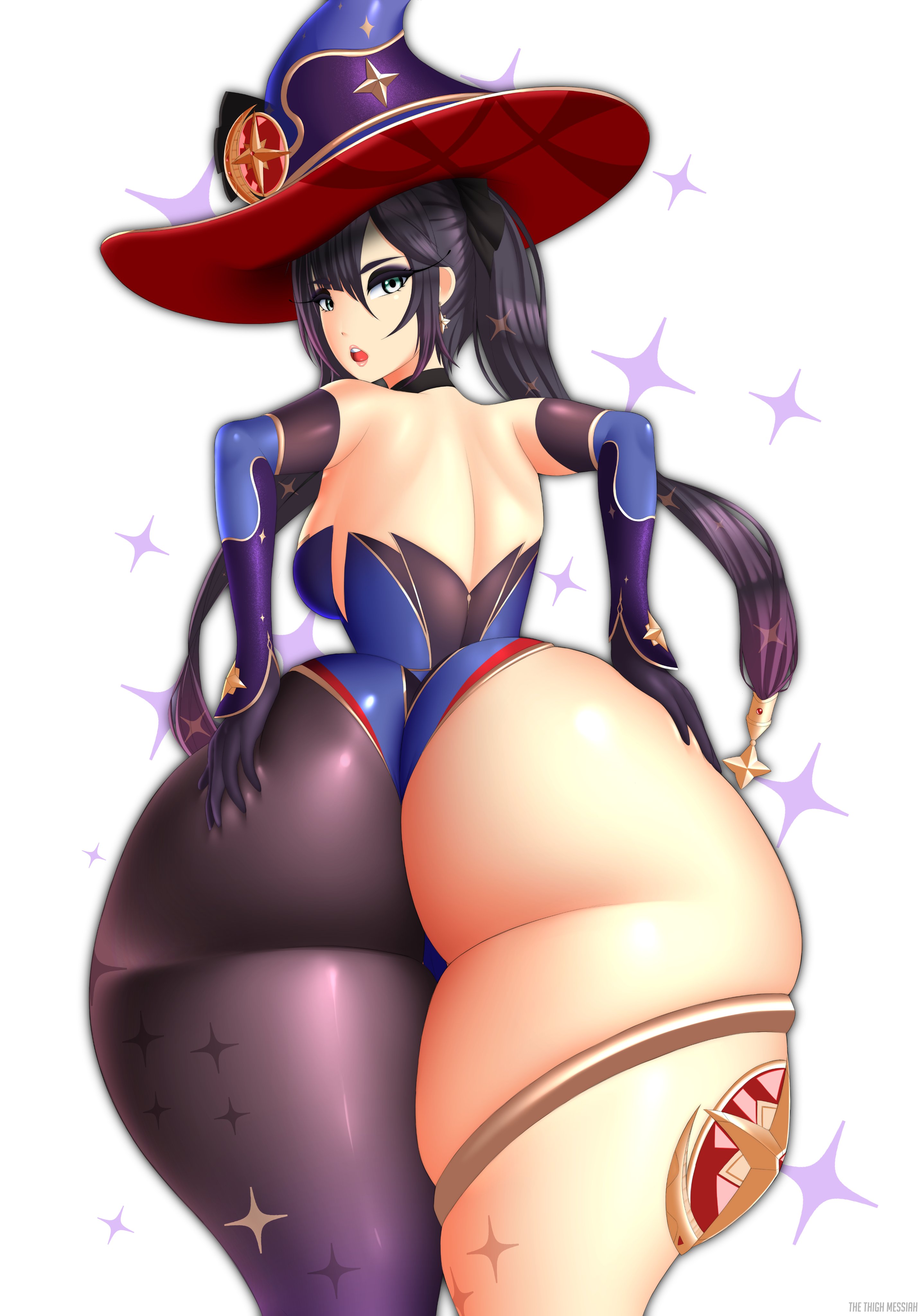 1girls, alternate version available, armwear, ass, ass focus, back view, backboob, big ass, big butt, black hair, bottom heavy, breasts, bubble ass, bubble butt, curvaceous, curvy, curvy figure, fat ass, female, female only, genshin impact, hands on ass, hat, headwear, hips, huge ass, large ass, leggings, legwear, leotard, looking at viewer, massive ass, mona (genshin impact), solo, solo female, tagme, thethighmessiah, thick thighs, thighs, twintails, wide hips, witch hat
