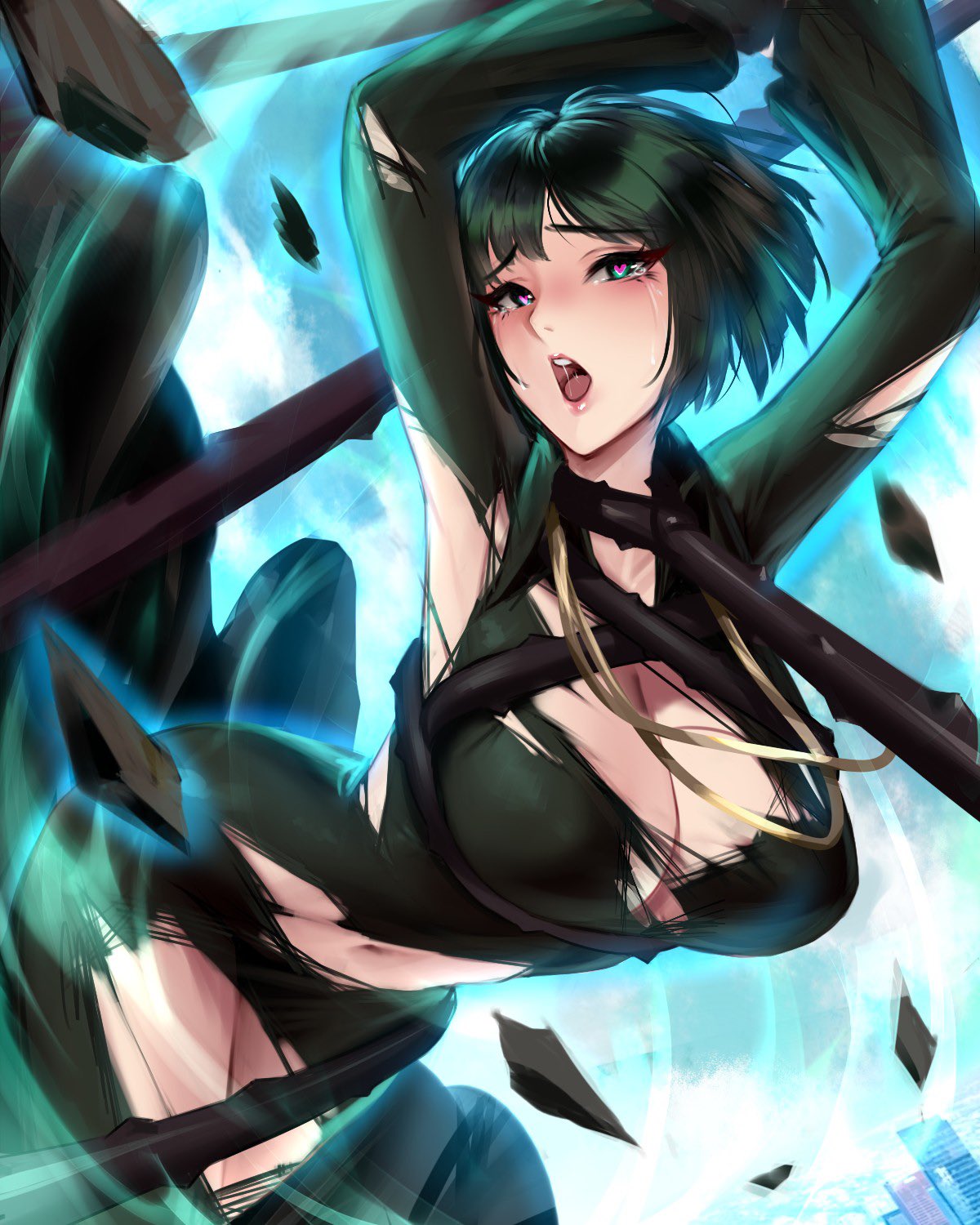 1girls ahe_gao arms_up aura bangs belly belly_button big_breasts black_dress blue_aura bob_cut bound bound_breasts bound_legs breasts busty cianyo cleavage clothed clothing curvaceous curvy curvy_body curvy_female curvy_figure dark_green_hair dress esper eye_contact eyelashes female female_focus female_only fringe front_view fubuki_(one-punch_man) green_eyes green_hair heart-shaped_pupils hips hourglass_figure huge_breasts jewelry large_breasts legs legs_together light-skinned_female light_skin lips lipstick long_sleeves looking_at_viewer medium_hair midriff navel necklace neckwear one-punch_man open_mouth psychic ripped_clothing ripped_dress saliva saliva_on_tongue saliva_string saliva_trail short_hair slim slim_waist solo solo_female solo_focus stomach tagme tears telekinesis thick thick_thighs thighs thin_waist tied_up voluptuous whip wide_hips