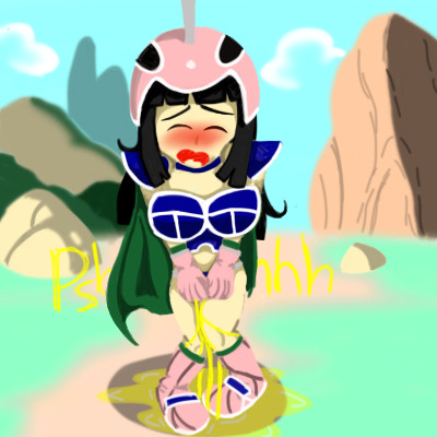 bikini bikini_armor blue_bikini blushing chichi chichi's_armor chichi's_helmet crying dragon_ball eyes_closed flat_colors need_to_pee needs_bathroom omorashi outside peeing peeing_self puddle rune_vesgina sound_effects standing_in_urine tagme