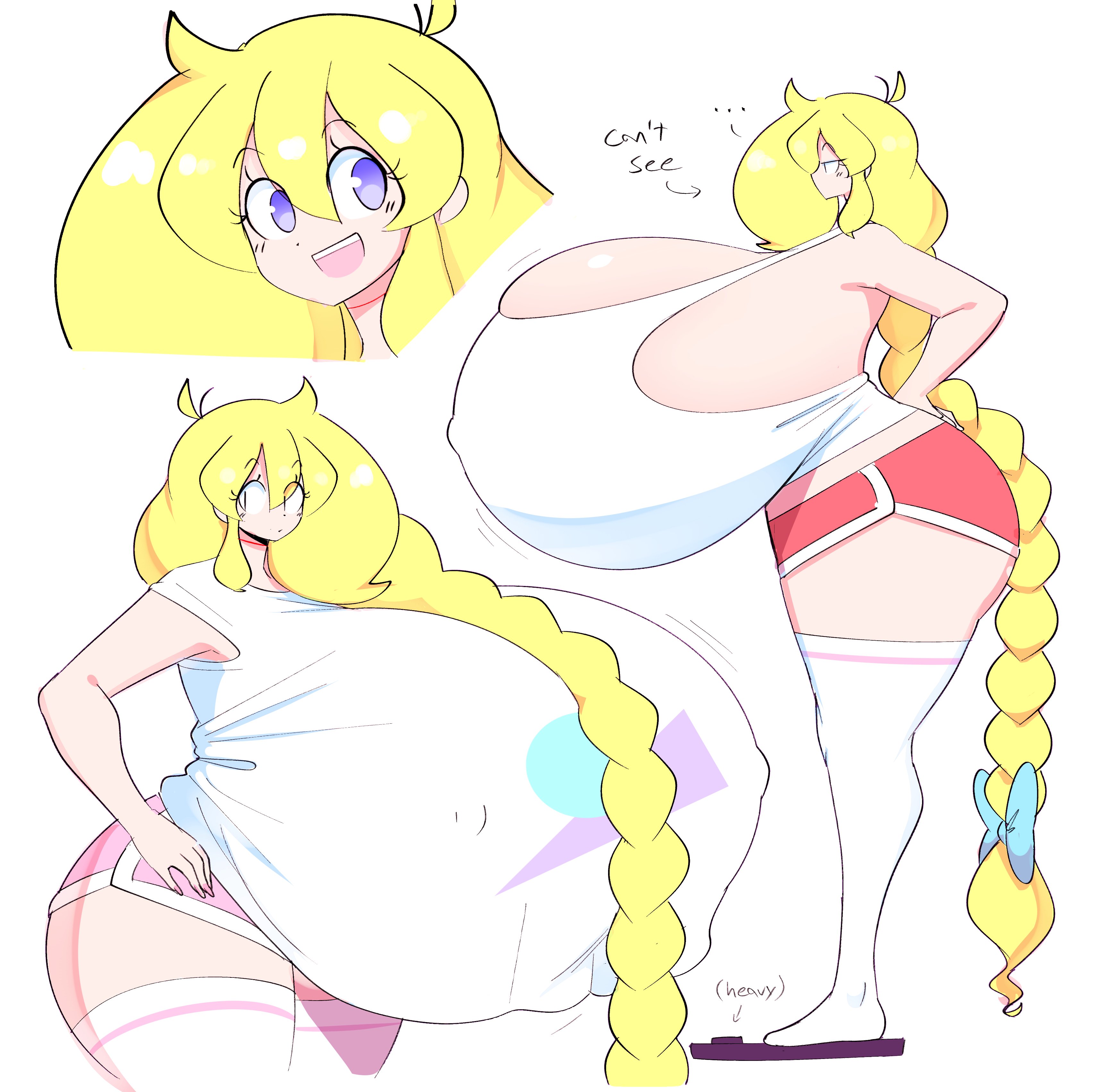 :d, 1girls, 2022, blonde hair, blue eyes, braided hair, braided ponytail, breasts, cassie (theycallhimcake), female, female focus, gigantic breasts, huge breasts, hyper, hyper breasts, long hair, massive breasts, nipple bulge, ponytail, shorts, side view, simple background, size fetish, solo, solo female, solo focus, theycallhimcake, thick thighs, thighhigh socks, thighhighs, thighs, top heavy, white background