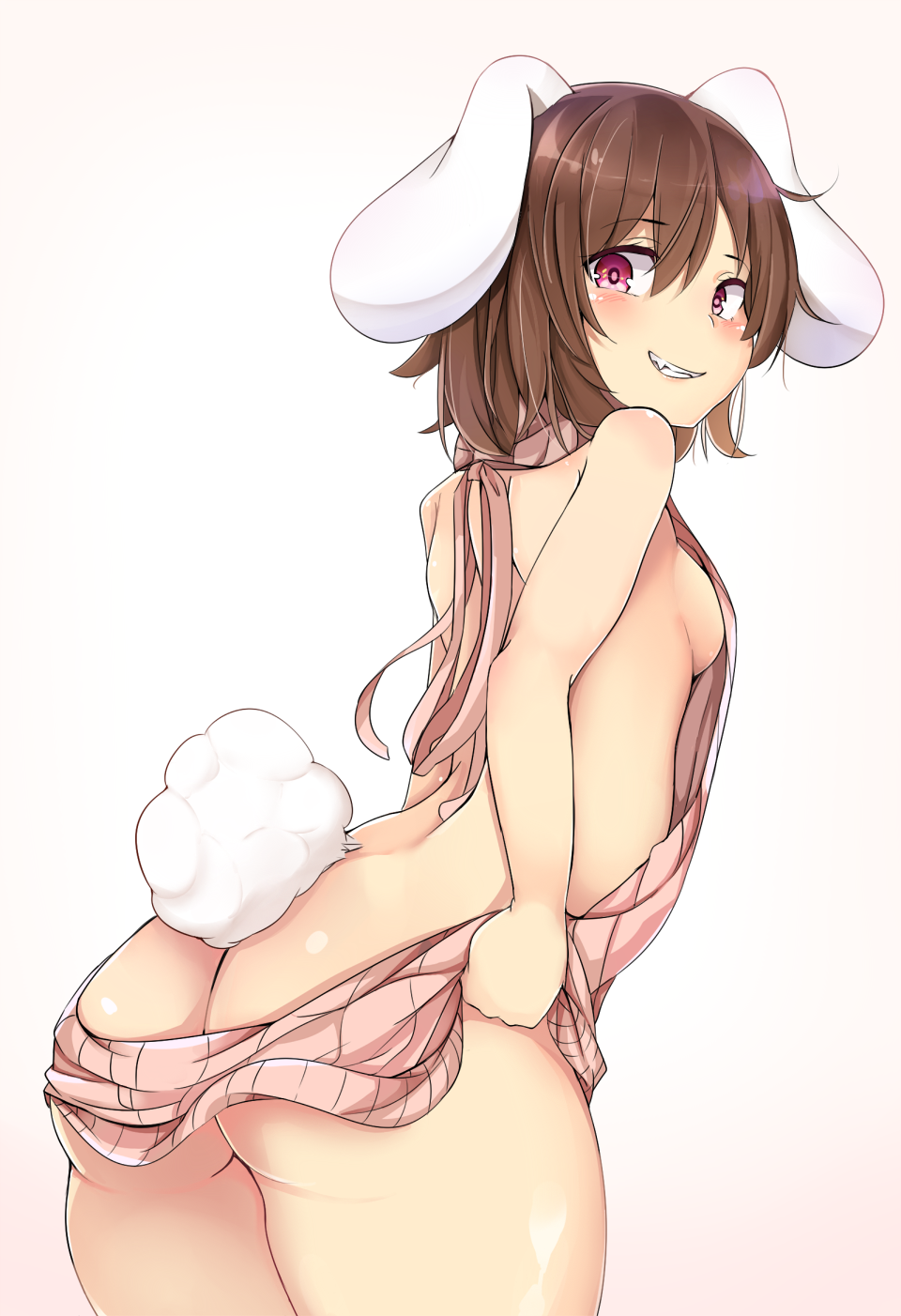 animal_ears ass ass_cleavage backless_dress backless_outfit bare_back bare_shoulders breasts brown_hair butt_crack commentary_request cowboy_shot dress female from_behind gradient gradient_background grin halterneck highres inaba_tewi karatakewari looking_at_viewer looking_back meme_attire naked_sweater naughty_face rabbit_ears rabbit_girl rabbit_tail red_eyes sideboob small_breasts smile smirk solo sweater sweater_dress tail teeth tewi_inaba touhou turtleneck turtleneck_sweater virgin_killer_sweater