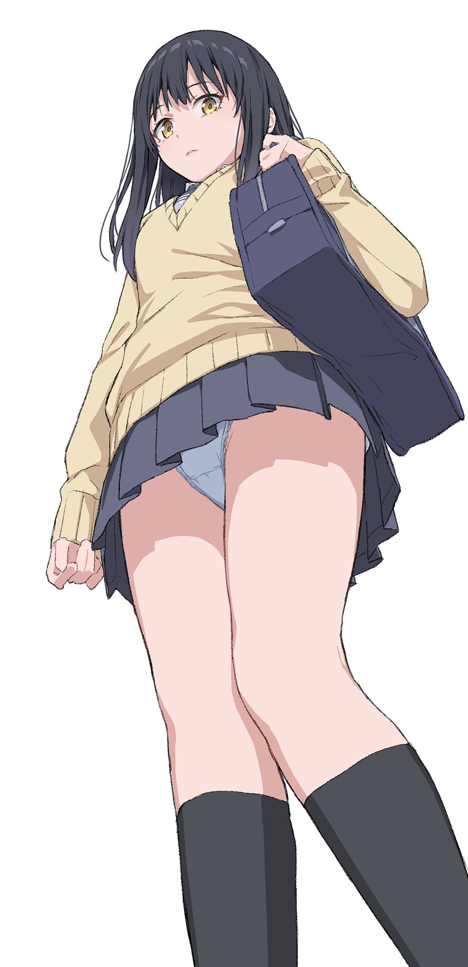 1girls, black hair, breasts, female, from below, kneehighs, long sleeves, looking at viewer, looking down, medium breasts, mieruko-chan, mikazuchi zeus, panties, pleated skirt, school uniform, shoulder bag, simple background, skirt, solo, standing, thigh, underwear, upskirt, white background, white panties, yellow eyes, yotsuya miko