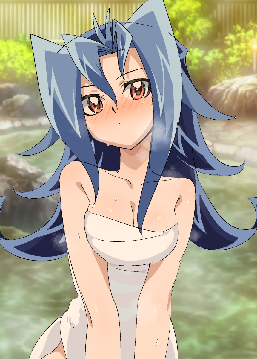 arms_together blue_hair blush breasts bryanjoel closed_mouth dntks edit female hi_res kamishiro_rio long_hair looking_at_another pose red_eyes rio_kamishiro solo sweatdrop thermal_waters towel yu-gi-oh! yu-gi-oh!_duel_links yu-gi-oh!_zexal