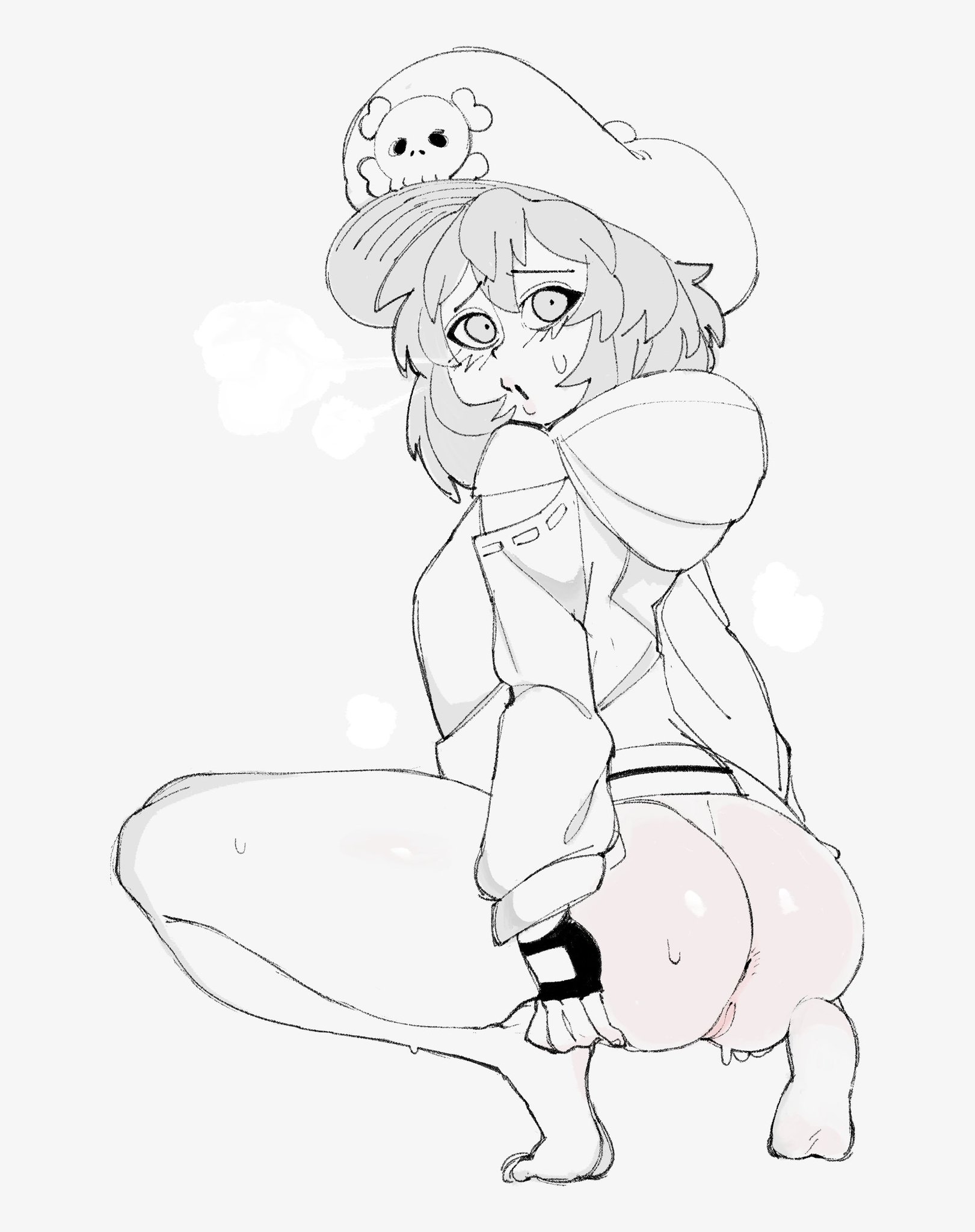 anus, ass, barefoot, big ass, feet, female, guilty gear, hat, hoodie, may (guilty gear), monochrome, pubsnsfw, pussy, soles, spread ass, squatting, thick thighs, vagina, wet pussy