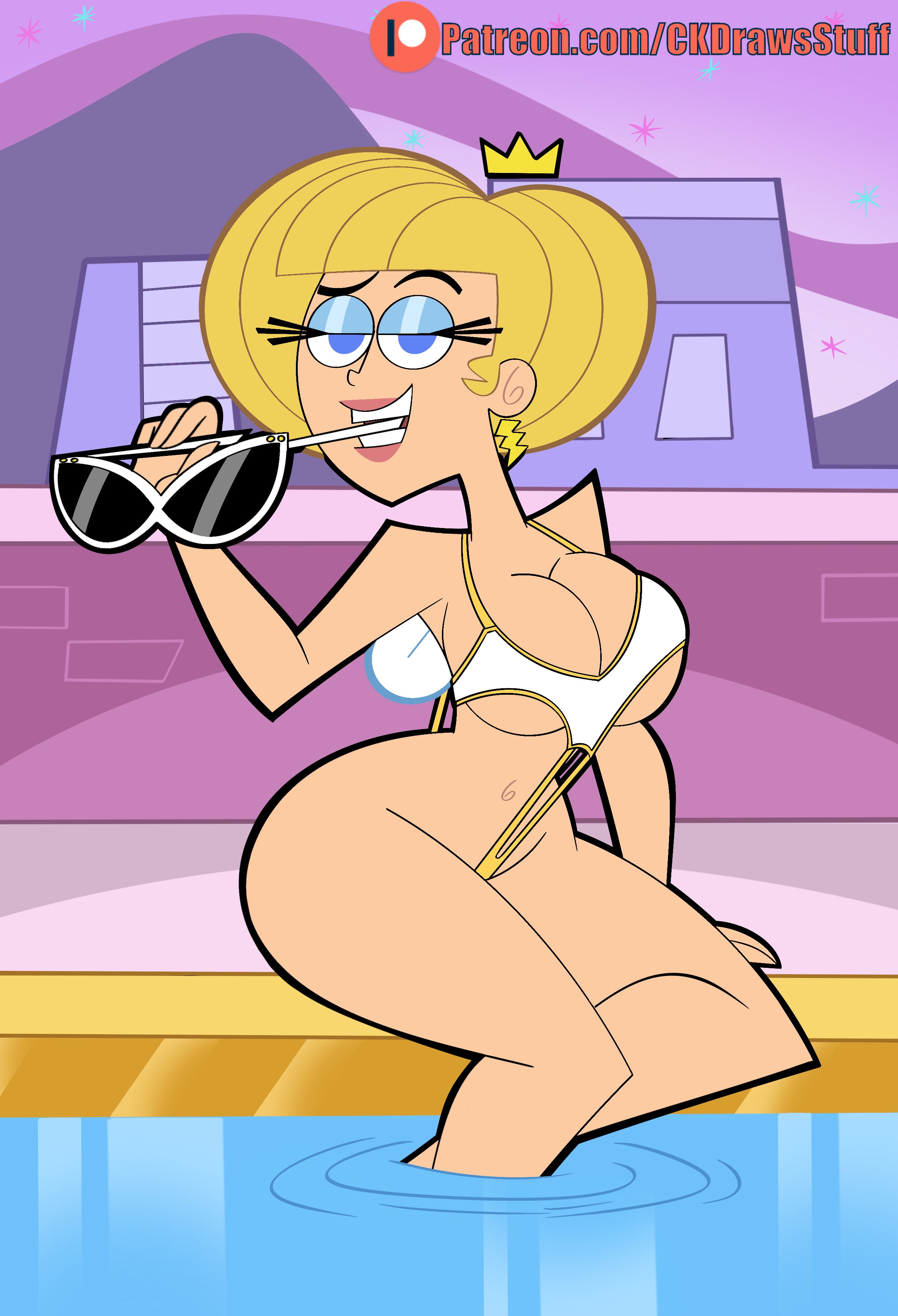 1girls, 2022, big breasts, bikini, blonde hair, blue eyes, breasts, cleavage, codykins123, earrings, eyewear removed, fairy, fairy hart, female, hi res, highres, navel, poolside, straight hair, sunglasses, sunglasses removed, the fairly oddparents, thick thighs, wide hips
