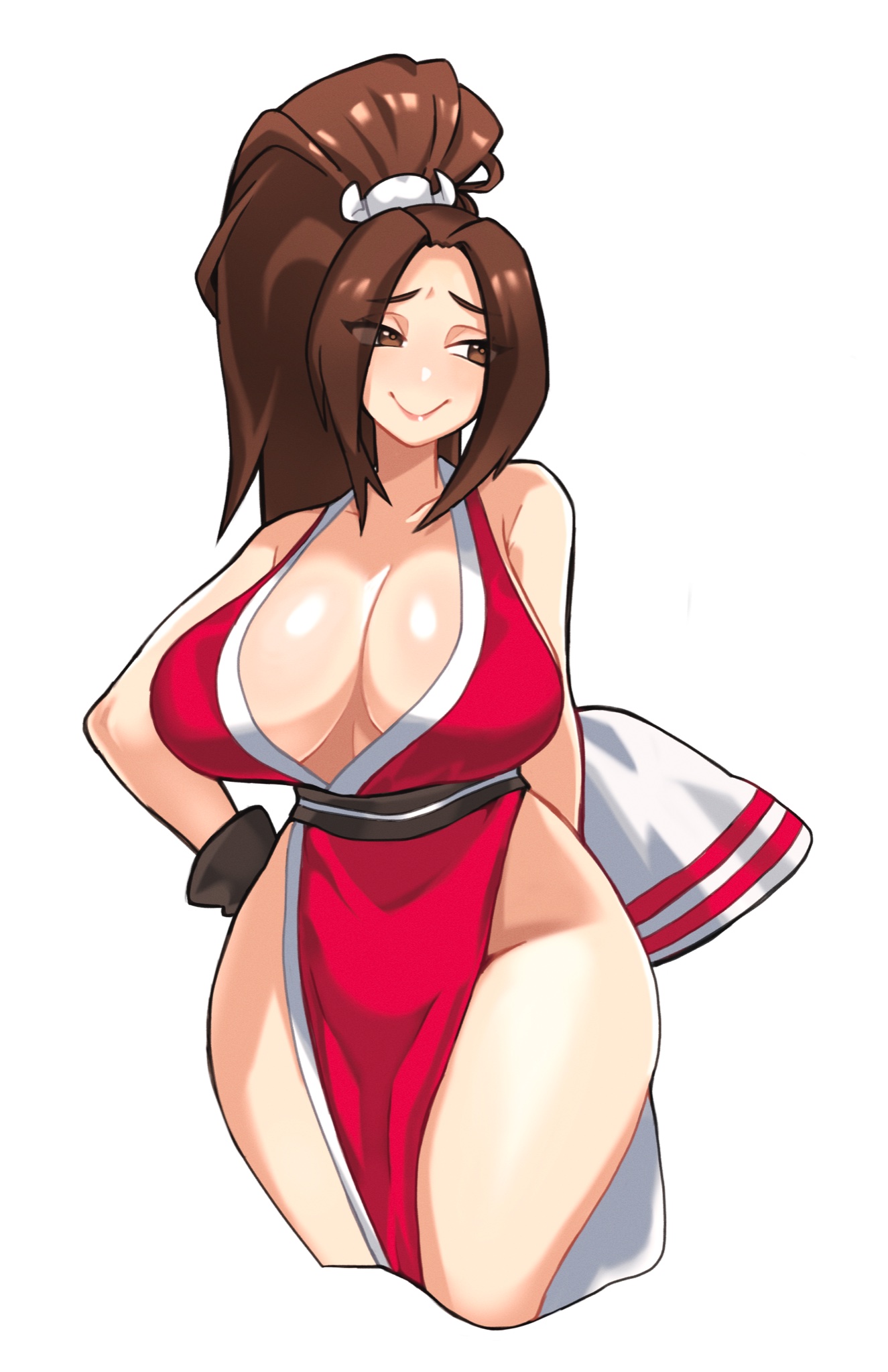 :), 1girls, 2d, arm behind back, big breasts, breasts, brown eyes, brown hair, cleavage, fatal fury, female, female only, hi res, high ponytail, king of fighters, light skin, light-skinned female, long hair, looking away, mai shiranui, pale skin, pale-skinned female, paperrose, smile, solo, thick thighs, white background