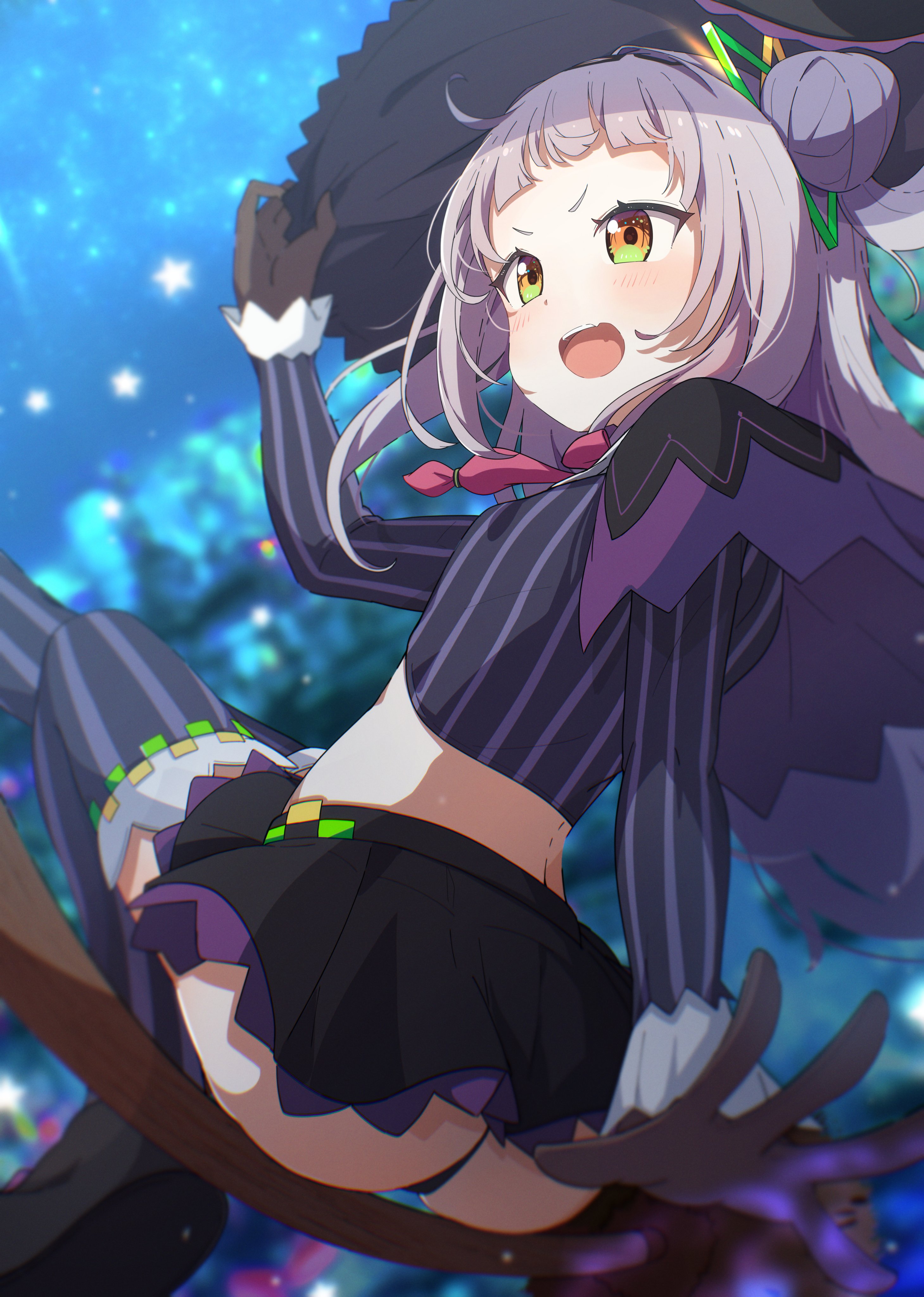 :d, absurdres, arm up, ass, black gloves, black headwear, black panties, black shirt, black skirt, black thighhighs, blurry, blurry background, blush, broom, broom riding, brown eyes, commentary request, crop top, depth of field, female, gloves, grey hair, hair bun, hand on headwear, hat, highres, hololive, hololive gen 2, hololive japan, long sleeves, looking away, looking to the side, midriff, murasaki shion, okota mikan, panties, pleated skirt, shirt, single side bun, skirt, sleeves past wrists, smile, solo, striped, striped shirt, striped thighhighs, thighhighs, underwear, v-shaped eyebrows, vertical stripes, vertical-striped shirt, vertical-striped thighhighs, virtual youtuber, witch hat