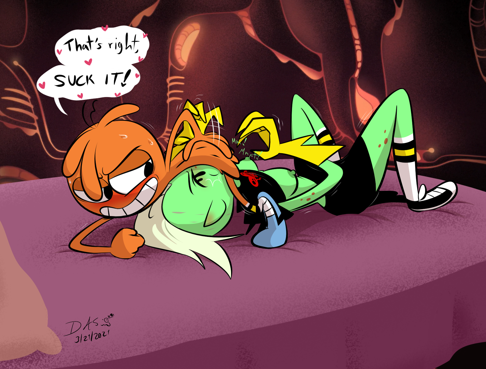1boy, 1girls, armor, blowjob, breasts, clothing, dialogue, disney, disney channel, disney xd, fellatio, female, green skin, larger female, lord dominator, male, male/female, nipples, oral, penis, size difference, small dom big sub, smaller male, speech bubble, star nomad, straight, text, umayorokobi, villainess, wander (wander over yonder), wander over yonder