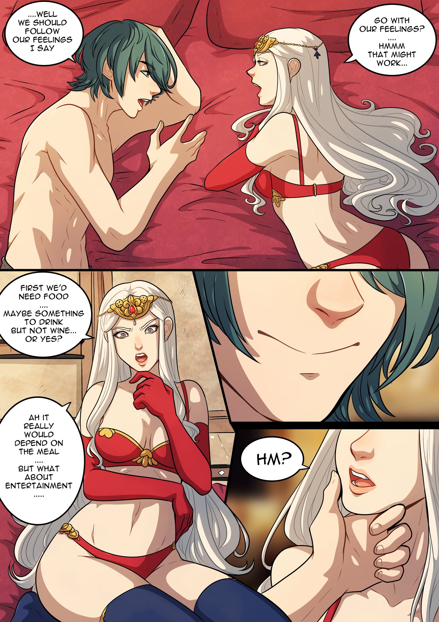 1boy, 1girls, blue hair, bra, byleth (fire emblem), byleth (fire emblem) (male), comic, couple, dialogue, edelgard von hresvelg, english text, female, fire emblem, fire emblem: three houses, head ornament, husband and wife, kinkymation, lingerie, long hair, male, married, married couple, nintendo, panties, post-timeskip, preview, purple eyes, shirtless, shirtless (male), text, underwear, white hair