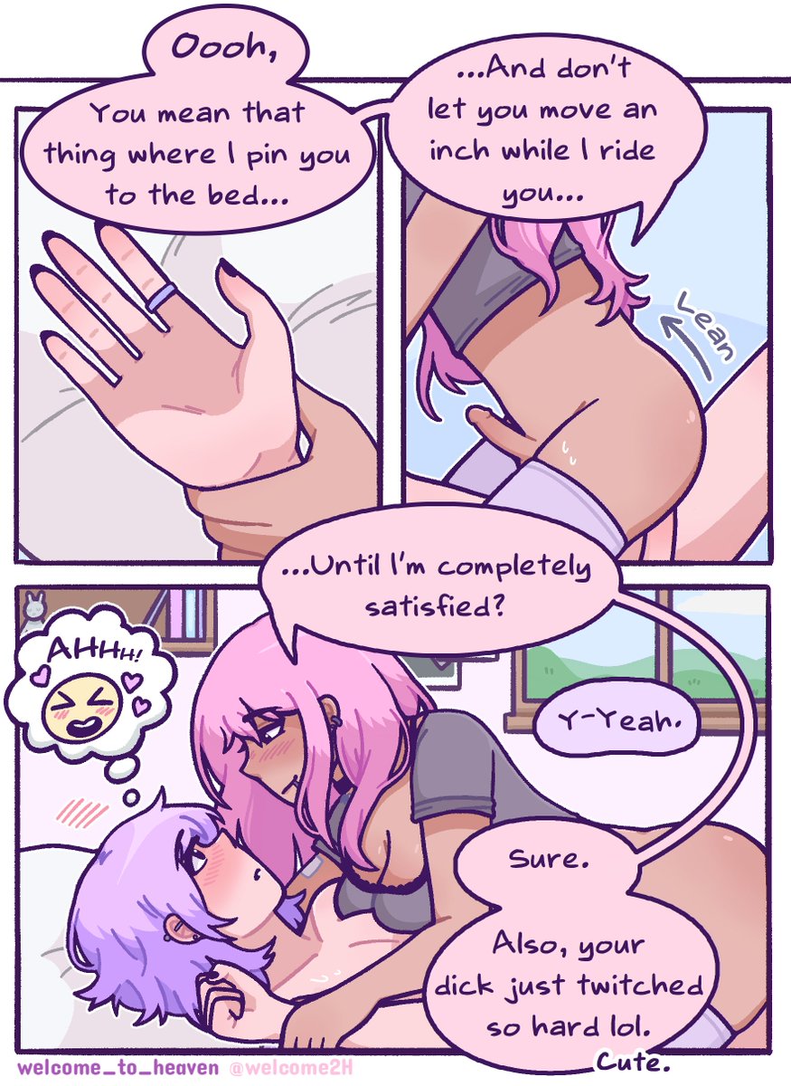 2futas, balls, bed, bedroom, black nails, blush, bottomless, cleavage, color coded speech bubble, comic, dark skin, dark-skinned futa, dialogue, dickgirl, ear piercing, english dialogue, english text, erection, futadom, futanari, horny, intersex, light skin, lip piercing, lying, lying on bed, male, naked, nonbinary, nude, original, original character, penis, pillow, pink hair, pinned down, power bottom, purple hair, restrained, ring, sex, speech bubble, sweat, text, thighhighs, thought bubble, trans woman, transfem, violet hair, welcome to heaven