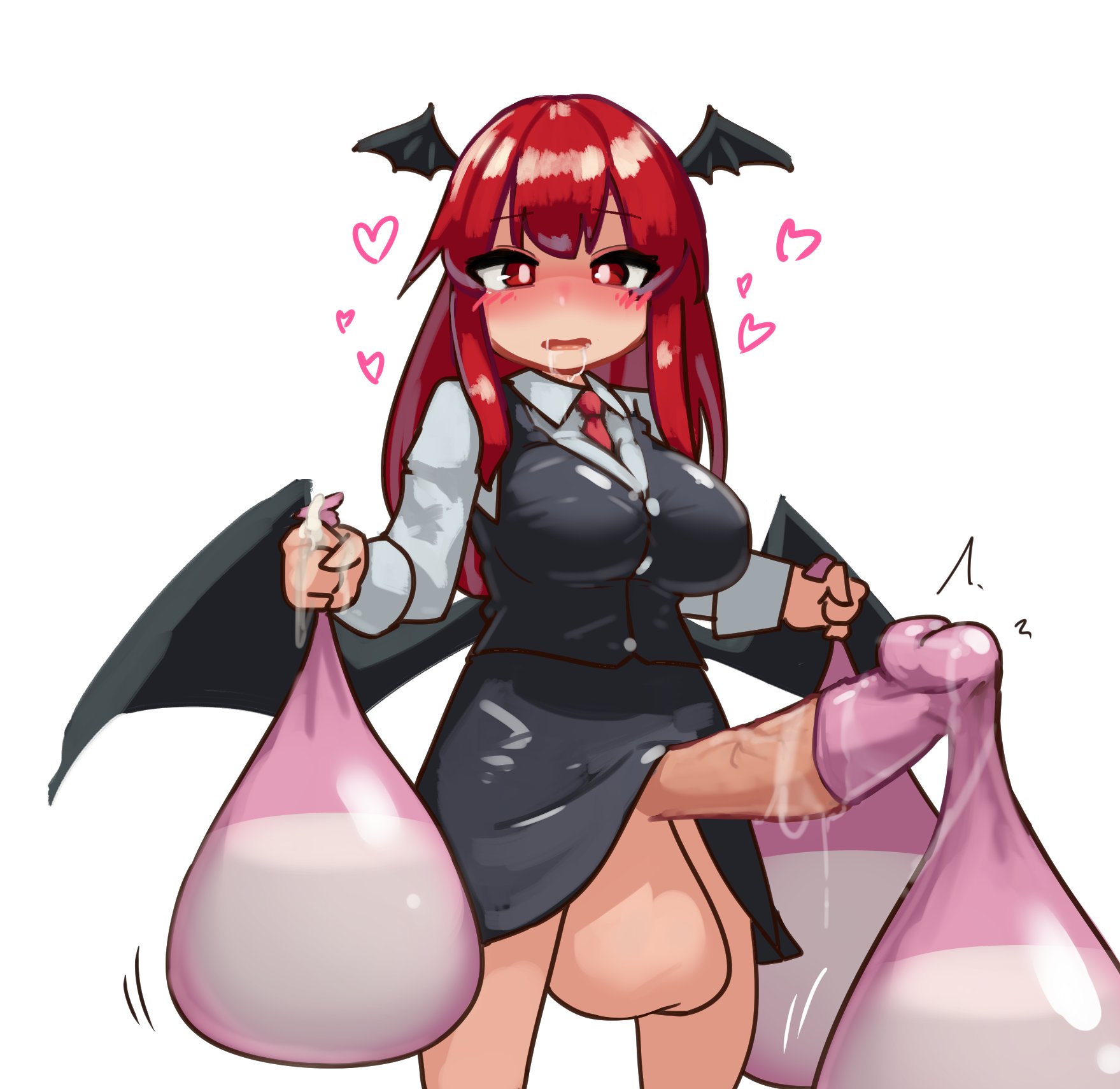 1futa, after masturbation, after orgasm, after sex, balls, bat ears, bat wings, big balls, big penis, blush, bottomless, breasts, clothed, clothing, condom, condom balloon, condom on penis, cum, cum in condom, cum inside, cum on penis, demon, drooling, erection, excessive cum, filled condom, futa only, futanari, head wings, heart, holding condom, huge balls, huge cock, humanoid, humanoid penis, intersex, koakuma, light skin, light-skinned futa, long hair, looking at viewer, mostly clothed, motion lines, multiple condoms, penis, red hair, shaking, solo, standing, touhou, trembling, uncensored, used condom, veiny penis, white background, wings, zakozako y