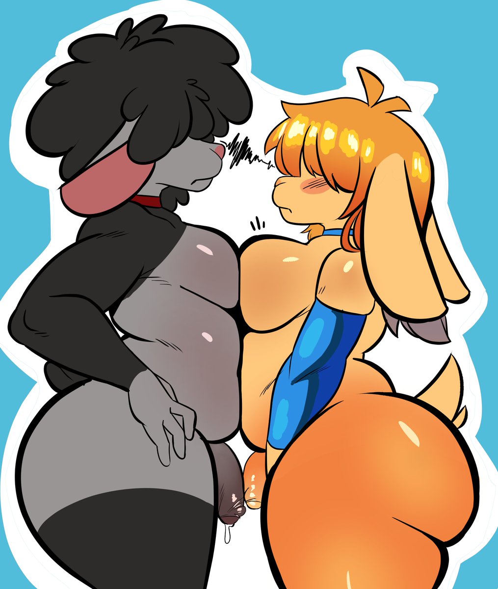 2boys, anthro, ass, belly press, blue background, blush, breast press, breasts, chubby, chubby femboy, collar, dripping penis, duo, floppy ears, fur, furry, furry only, grey fur, hair over eyes, isolatedartest, male, male only, orange fur, penis, shirtless sleeves, staredown, tail