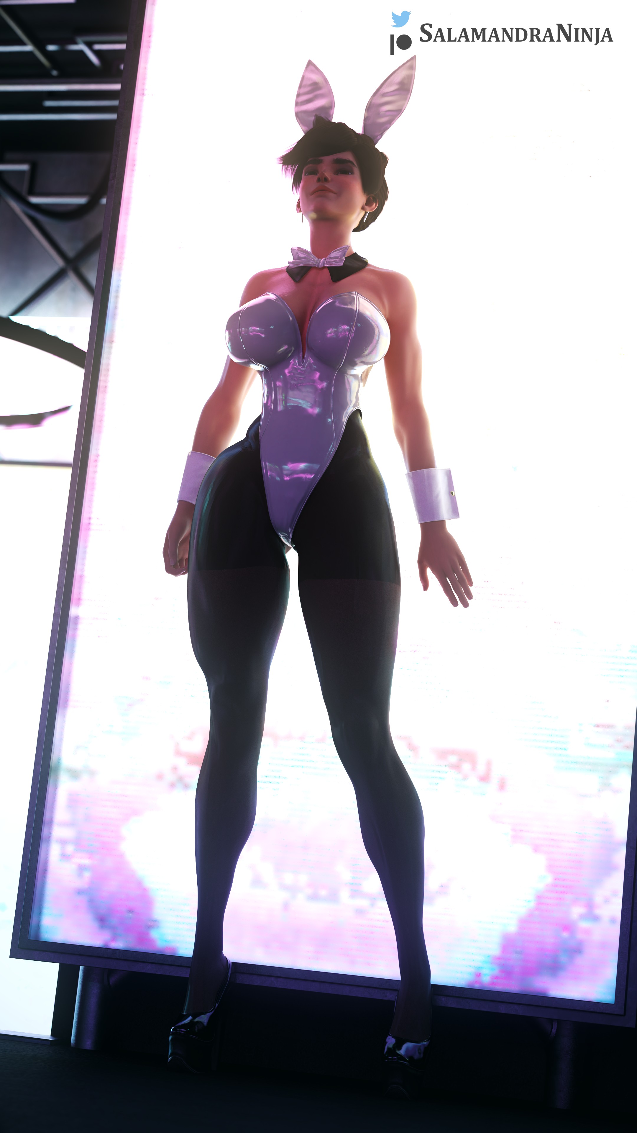 1girls, 3d, athletic, blizzard entertainment, british, female, female only, female protagonist, fit, fit female, human, indoors, lena oxton, light skin, light-skinned female, overwatch, salamandraninja, solo, tracer