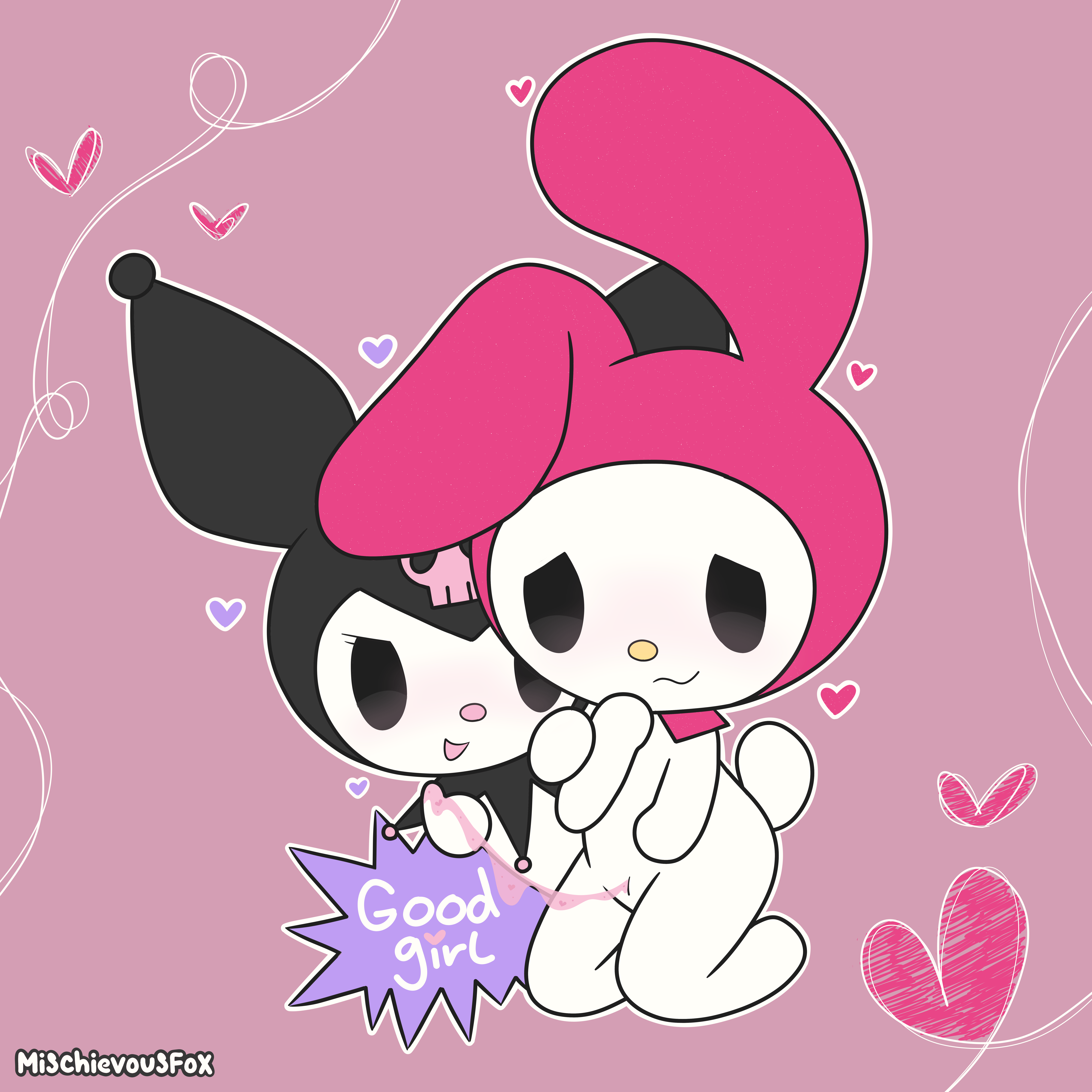 2girls, absurd res, female, fingering, genital fluids, kuromi, melancholyfox (artist), mischievousfox, multiple females, multiple girls, my melody, onegai my melody, sanrio, tagme