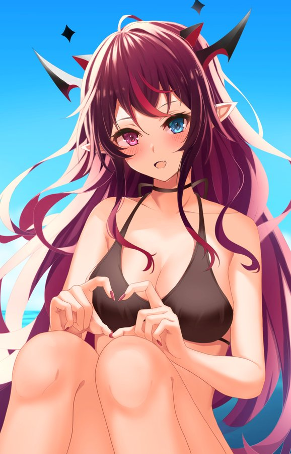 1girls black_bra female female_focus female_only finger_heart heterochromia hololive hololive_english hololive_english_-promise- irys irys_(hololive) knees long_hair medium_breasts saito000_u8 virtual_youtuber