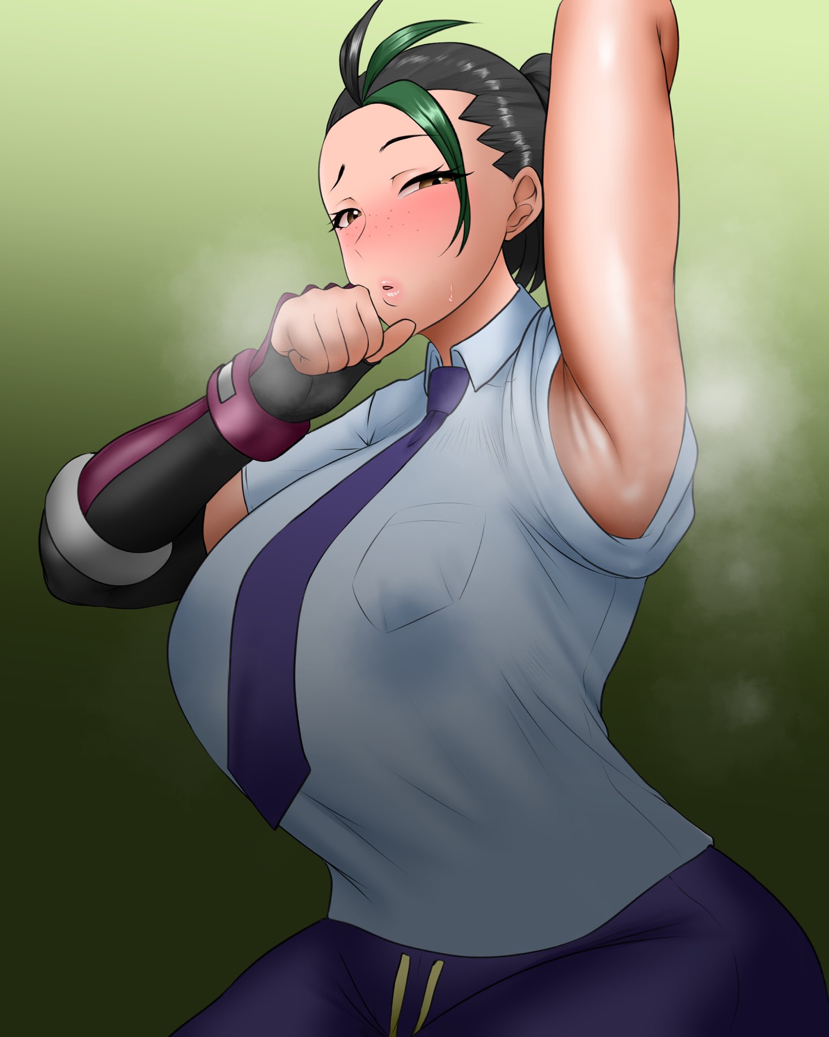 1girls, alternate breast size, armpit, armpits, arms up, big breasts, breasts, busty, curvaceous, curvy, curvy body, curvy female, curvy figure, female, female focus, game freak, huge breasts, large breasts, nemona (pokemon), nintendo, pasuhaii, pokemon, pokemon sv, voluptuous