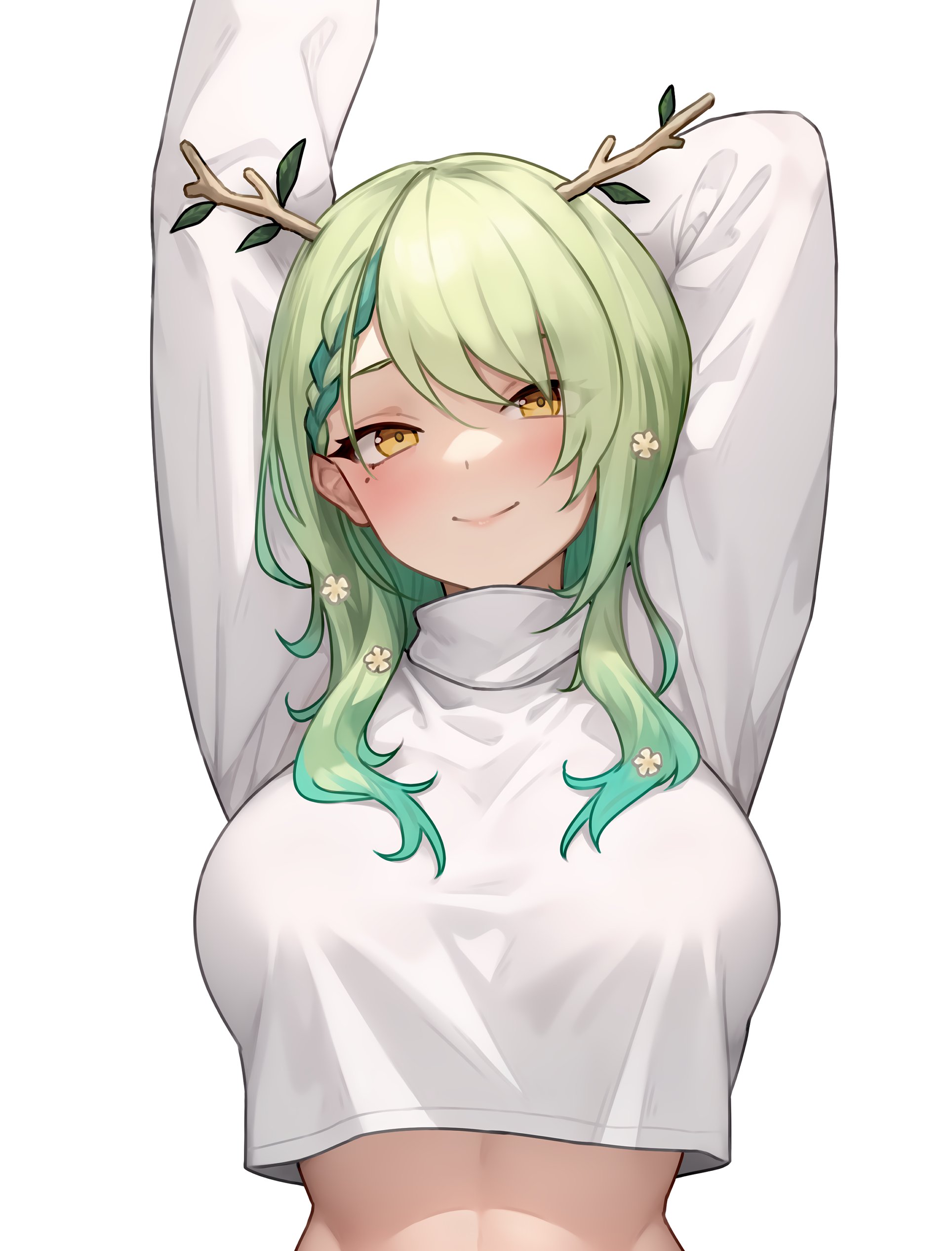 1girls, bluefield, branch horns, breasts, ceres fauna, clothed, female, green hair, hi res, hololive, hololive english, hololive english -council-, hololive english -promise-, horns, huge breasts, long hair, midriff, smile, virtual youtuber