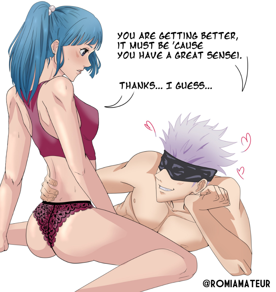 1boy 1girls ass ass_cheeks blindfold blue_hair dialogue english_text female hand_on_waist heart jujutsu_kaisen kasumi_miwa lace-trimmed_panties lingerie male older_male panties partially_clothed praise romiamateur satoru_gojo sports_bra suggestive text younger_female