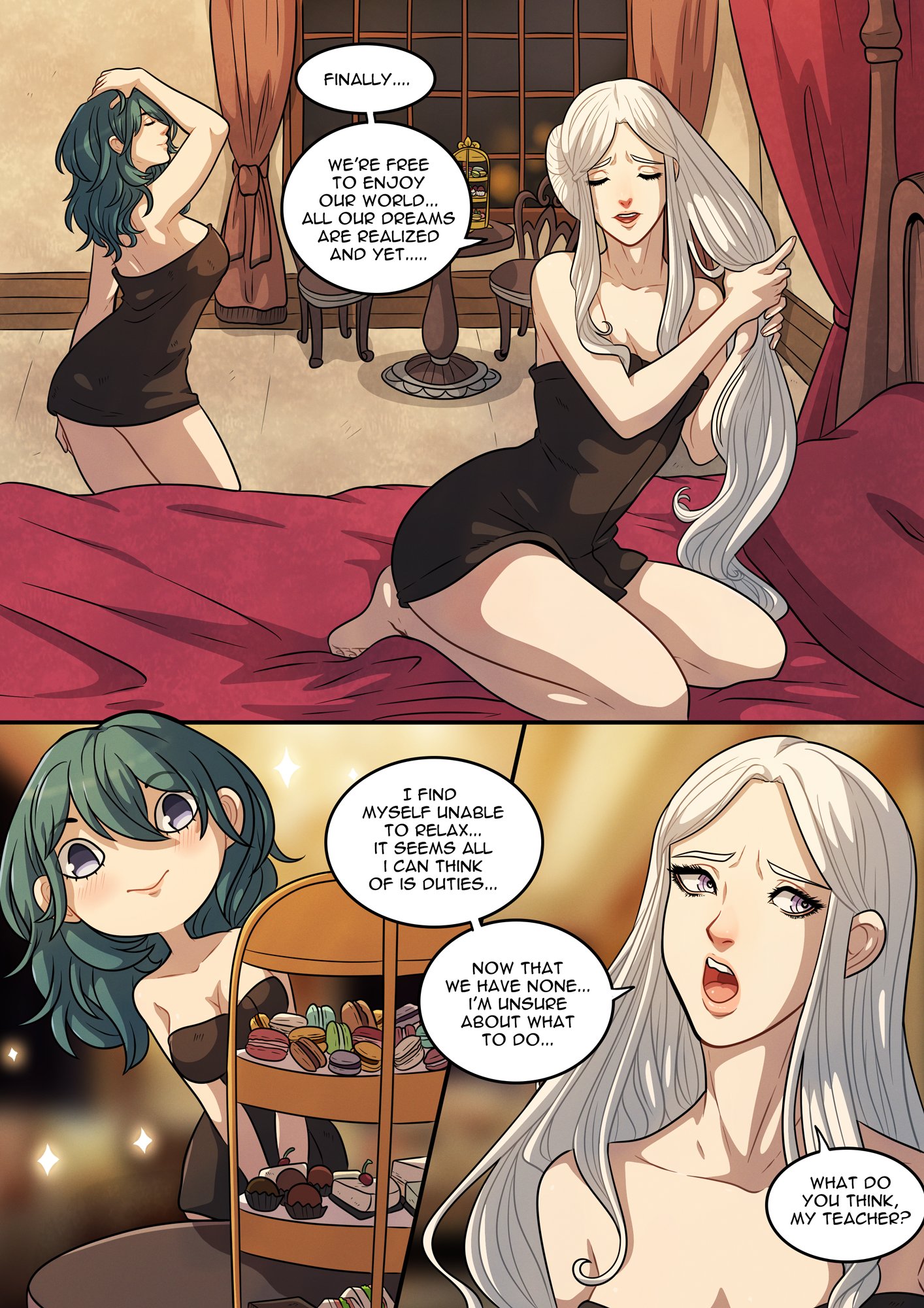 2girls, barefoot, bed, bedroom, blue eyes, breasts, byleth (fire emblem), byleth (fire emblem) (female), comic, dialogue, edelgard von hresvelg, english text, female, female only, fire emblem, fire emblem: three houses, food, food play, heart-shaped pupils, indoors, kinkymation, large breasts, long hair, medium breasts, medium hair, multiple females, multiple girls, naked towel, nintendo, on bed, open mouth, panels, post-timeskip, purple eyes, royalty, sound effects, teal hair, text, towel, white hair, yuri