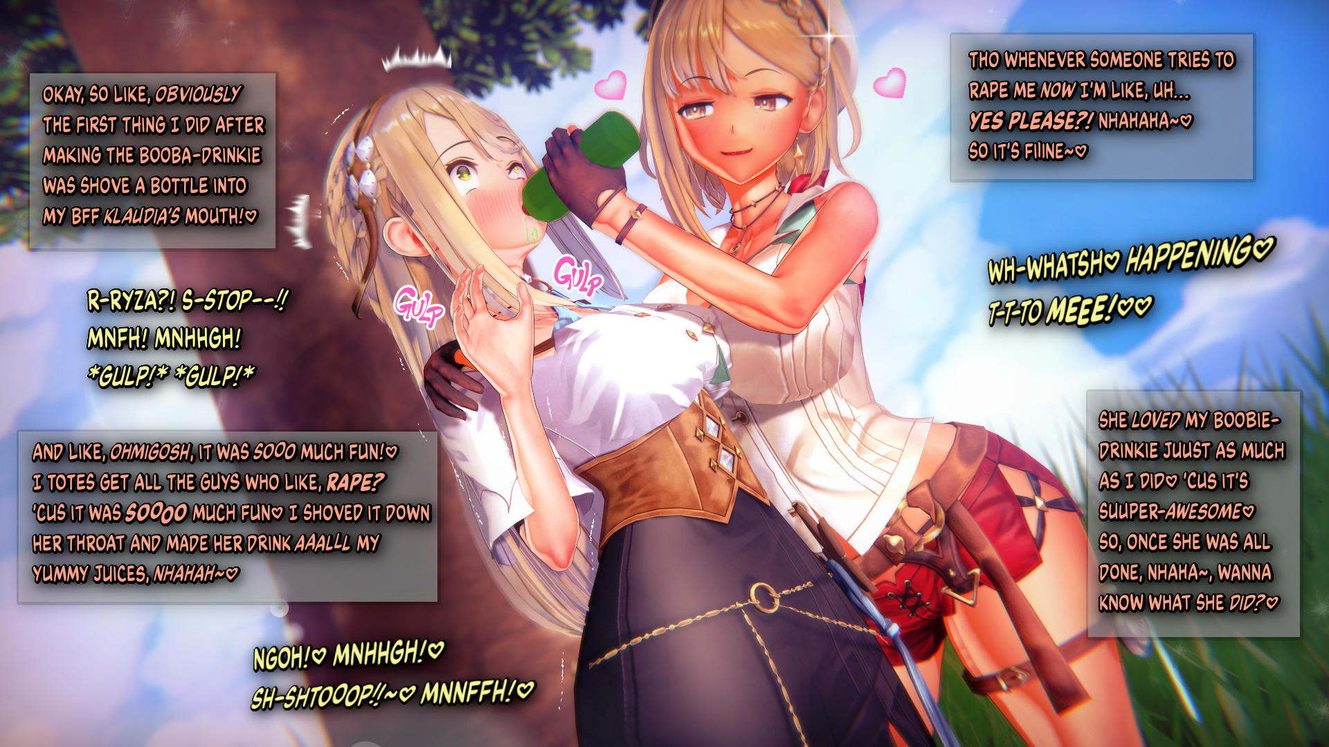 2girls, atelier (series), atelier ryza, big breasts, bimbo, bimbofication, blonde female, blonde hair, breasts, busty, clothed, clothed female, curvaceous, curvy, curvy body, curvy female, curvy figure, drugged, drugs, english, english text, female, female focus, female only, forced drinking, gagged speech, huge breasts, klaudia valentz, large breasts, multiple females, multiple girls, naughty, naughty face, naughty smile, object in mouth, oral object insertion, reisalin stout, text, v-kris, voluptuous