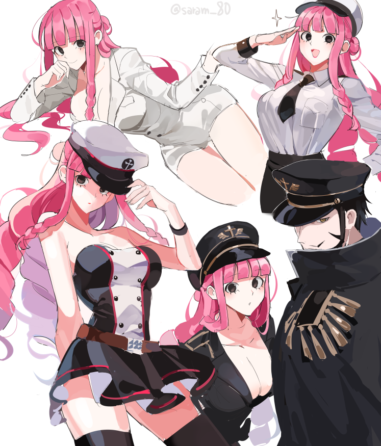 1boy 1girls beard belt bigger_male black_eyes black_hair blunt_bangs blush breast_bulge breast_hole buttons cleavage cosplay cute dracule_mihawk female hand_on_head hat joman larger_male long_hair looking_at_viewer looking_back male mustache one_piece perona pink_hair saram_80 scary_eyes short_hair short_skirt skirt smaller_male smooth_skin suit taller_male thighhighs watermark wholesome