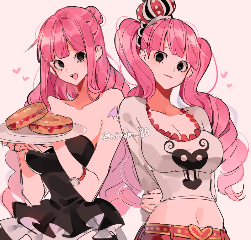 2girls belt black_eyes blunt_bangs blush breast_hole breasts cleavage clock crown cute dress ear female female_only food hair_bun hand_behind_back hat heart holding_object human joman long_hair navel no_bra one_piece open_mouth perona pink_hair plate post-timeskip saram_80 shirt shounen_jump smile tattoo twintails watermark