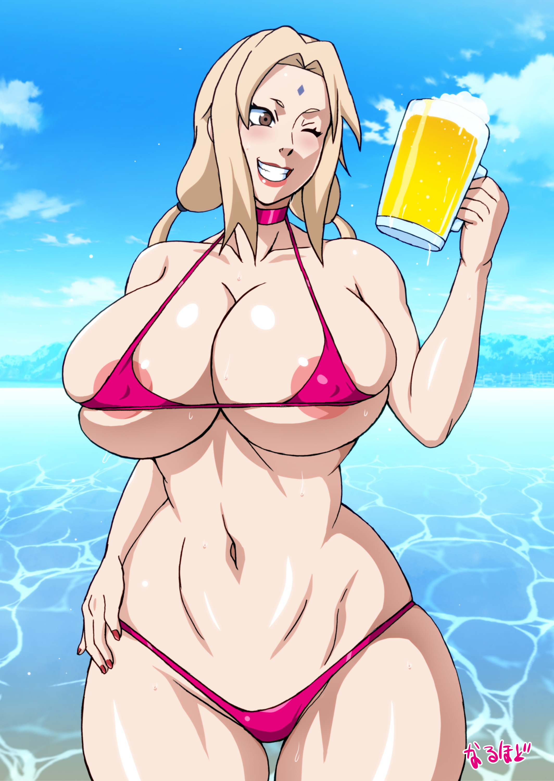 1girls, absurd res, areolae, beach, beer mug, big breasts, bikini top, blonde hair, breasts, cleavage, collar, curvy, drunk, female, female only, hi res, highres, micro bikini, milf, naruho, naruto, naruto (series), naruto shippuden, skimpy bikini, solo, swimsuit, tagme, thick thighs, tsunade, twintails, voluptuous, wide hips