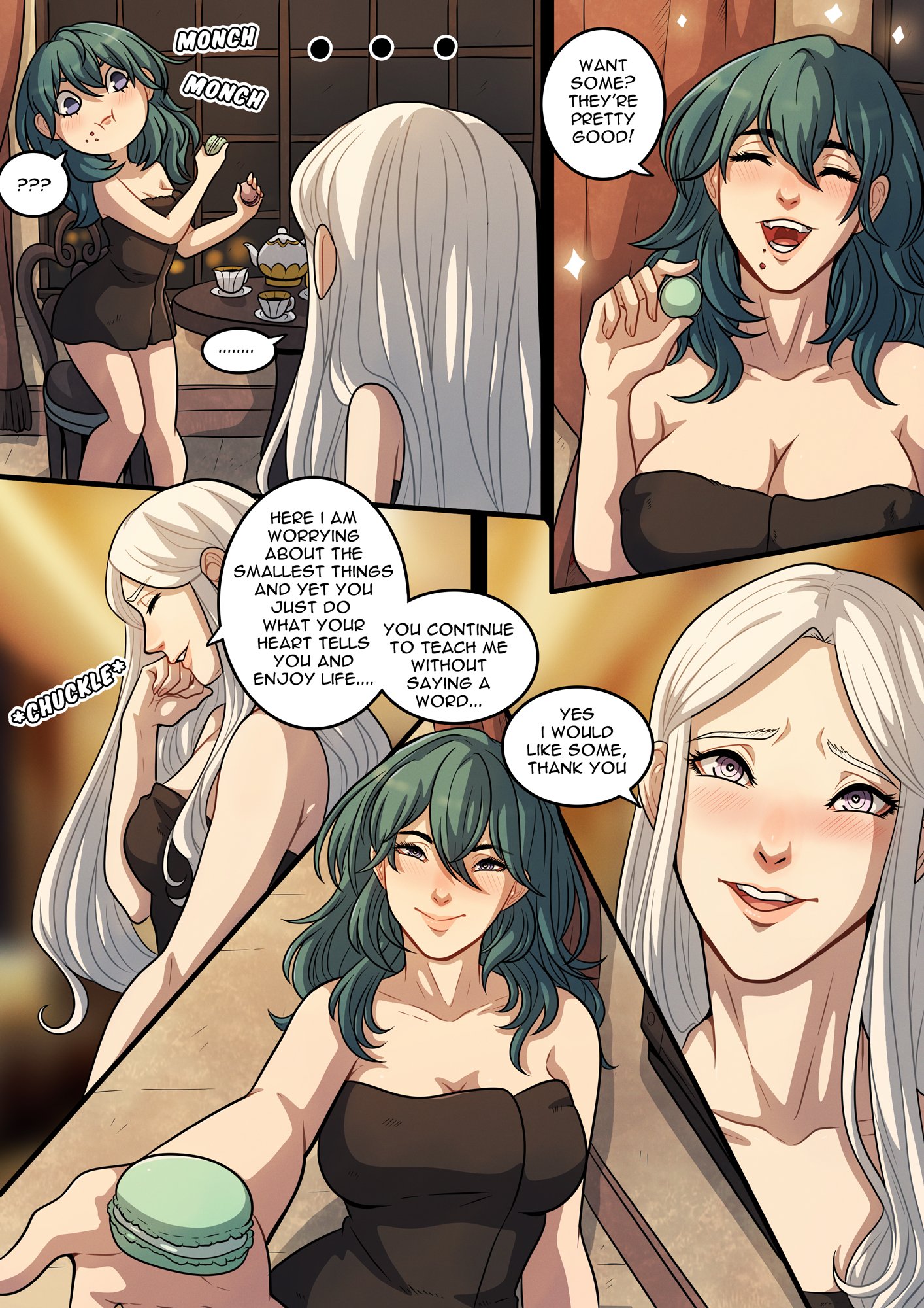 ..., 2girls, bed, bedroom, blue eyes, breasts, byleth (fire emblem), byleth (fire emblem) (female), cleavage, closed eyes, comic, dialogue, eating, edelgard von hresvelg, english text, female, female only, fire emblem, fire emblem: three houses, food, food play, heart-shaped pupils, indoors, kinkymation, large breasts, long hair, medium breasts, medium hair, multiple females, multiple girls, naked towel, nintendo, offering, on bed, open mouth, panels, post-timeskip, purple eyes, reaching out, smile, sound effects, teal hair, text, towel, white hair, yuri