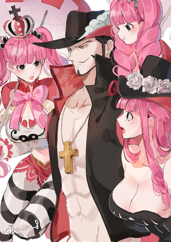 1boy 3girls :t abs beard big_breasts black_eyes black_hair blunt_bangs blush boobs bow breast_hole breasts cleavage cross_necklace crown cute cute_face dracule_mihawk female flower hat heart human ignorance ignoring jealous joman larger_male lips lipstick long_hair looking_at_another male multiple_girls muscles muscular muscular_male mustache no_bra one_piece open_mouth perona pink_hair puffy_face revealing_clothes saram_80 scary_eyes shirt shirt_open short_hair shounen_jump smaller_female striped_legwear taller_male tits twintails umbrella watermark yellow_eyes