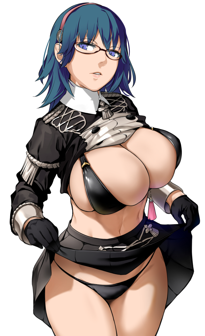 1girls, alternate costume, bakkanki, bikini, black bikini, black swimsuit, breasts, byleth (fire emblem), byleth (fire emblem) (female), expressionless, female, fire emblem, fire emblem heroes, fire emblem: three houses, garreg mach monastery uniform, glasses, huge breasts, looking at viewer, nintendo, official alternate costume, presenting breasts, presenting panties, school uniform, shirt, skirt, skirt lift, solo, standing, swimsuit, thick thighs