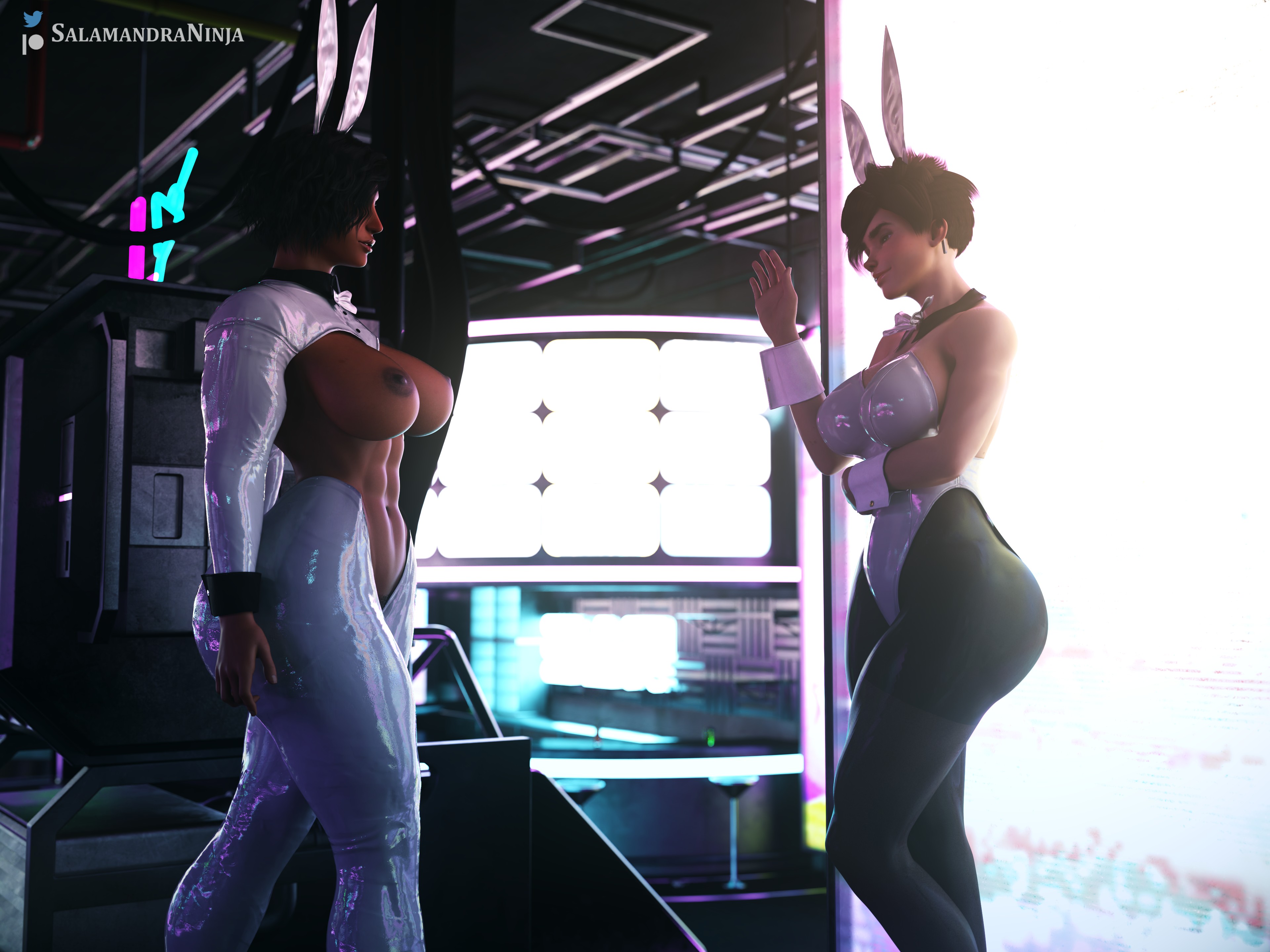 1girls, 3d, athletic, blizzard entertainment, british, dark skin, dark-skinned female, egyptian, egyptian female, fareeha amari, female, female only, female protagonist, fit, fit female, heroine, human, indoors, interracial, interracial yuri, lena oxton, light skin, light-skinned female, overwatch, pharah, salamandraninja, tattoo, tracer