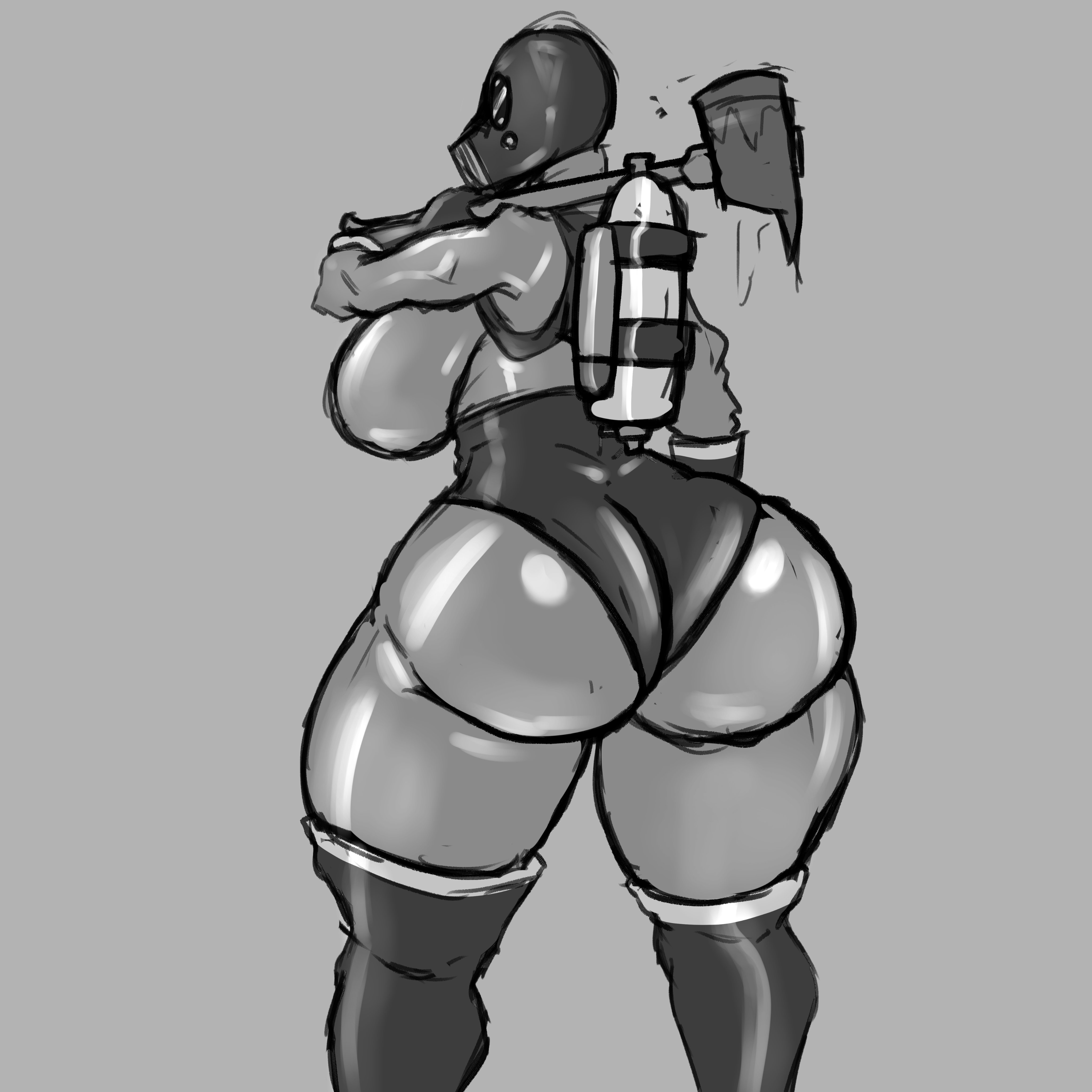 ass, big ass, big breasts, breasts, bubble ass, bubble butt, female, fempyro, grey background, greyscale, holding object, huge ass, jigglephysics, pyro (team fortress 2), solo, tagme, team fortress 2