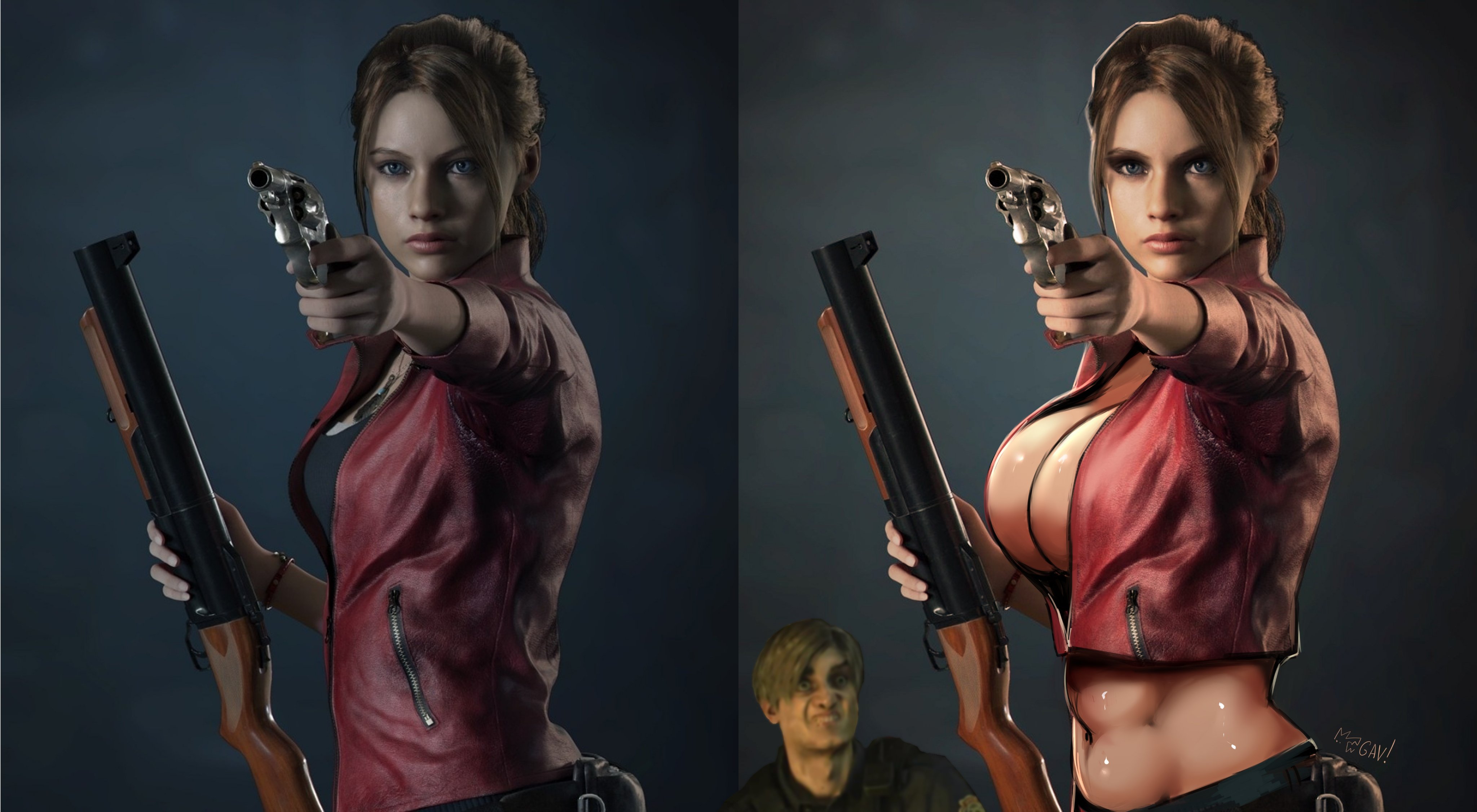1boy, 1girls, 2022, 3d, 3d (artwork), aiming, aleksandrgav, artist signature, big breasts, big lips, bimbo, bimbofication, breasts, bursting breasts, busty, capcom, claire redfield, claire redfield (jordan mcewen), cleavage, comparison, edit, female, female focus, firearm, gm 79, grenade launcher, gun, guns, handgun, hourglass figure, human, human only, large breasts, leon scott kennedy, lipstick, male, overflowing breasts, puffy lips, questionable, redraw, resident evil, resident evil 2, resident evil 2 remake, revolver, rifle, sls 60, weapon, weapons, wide hips