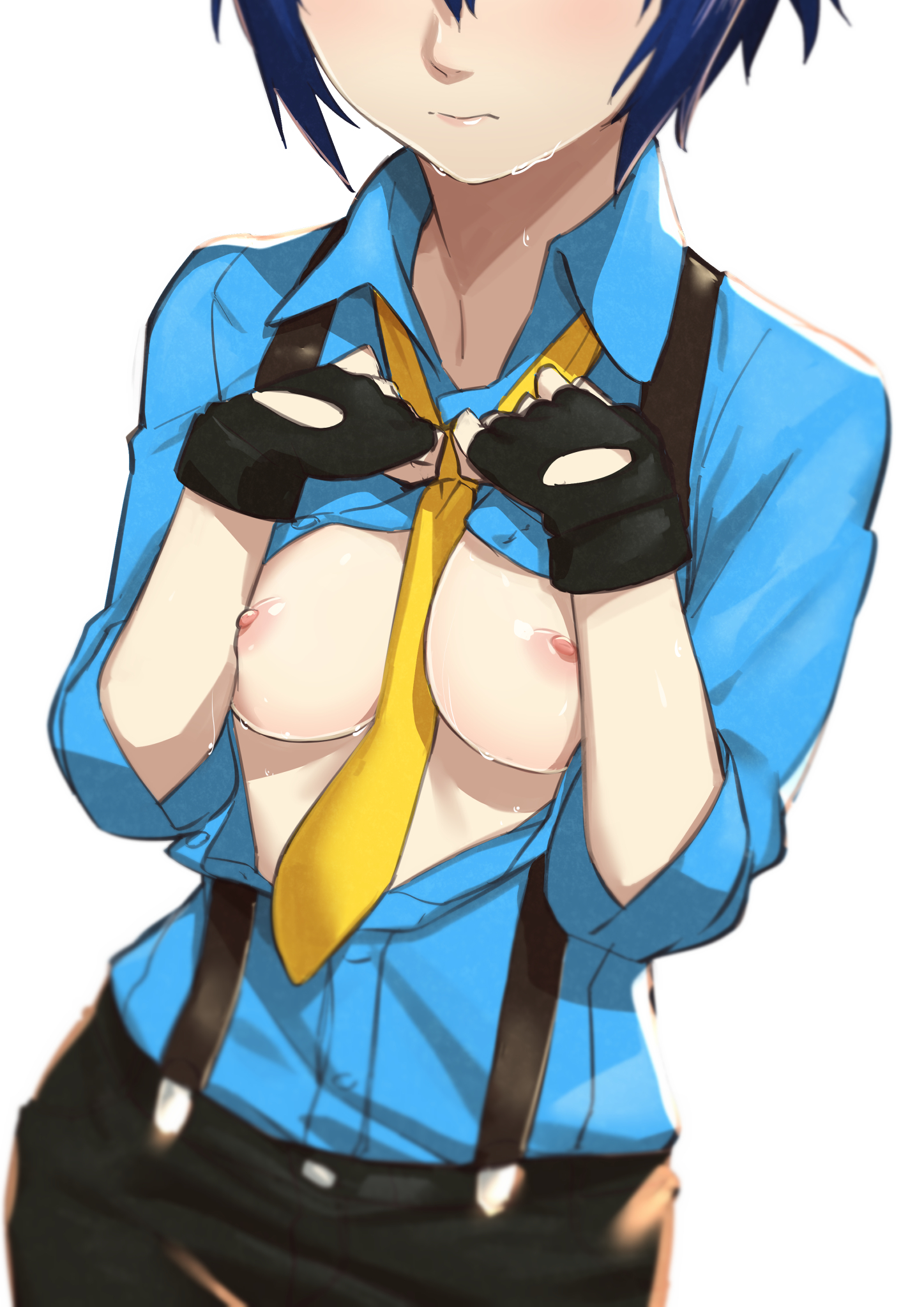 blue hair, blush, breasts, breasts out, embarrassed, female, gloves, morisobo, persona, persona 4, shirogane naoto, shirt open, short hair, tie, tie between breasts, tomboy