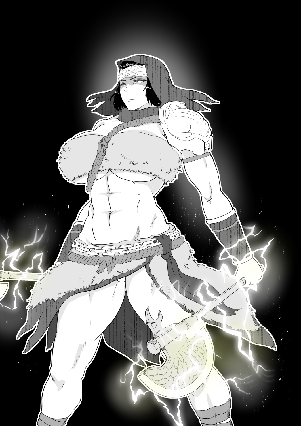 1girls abs black_and_white cleavage dark-skinned_female elden_ring female female_only fromsoftware huge_breasts muscular_female nepheli_loux sword thick_thighs tomorrow underboob warrior weapon