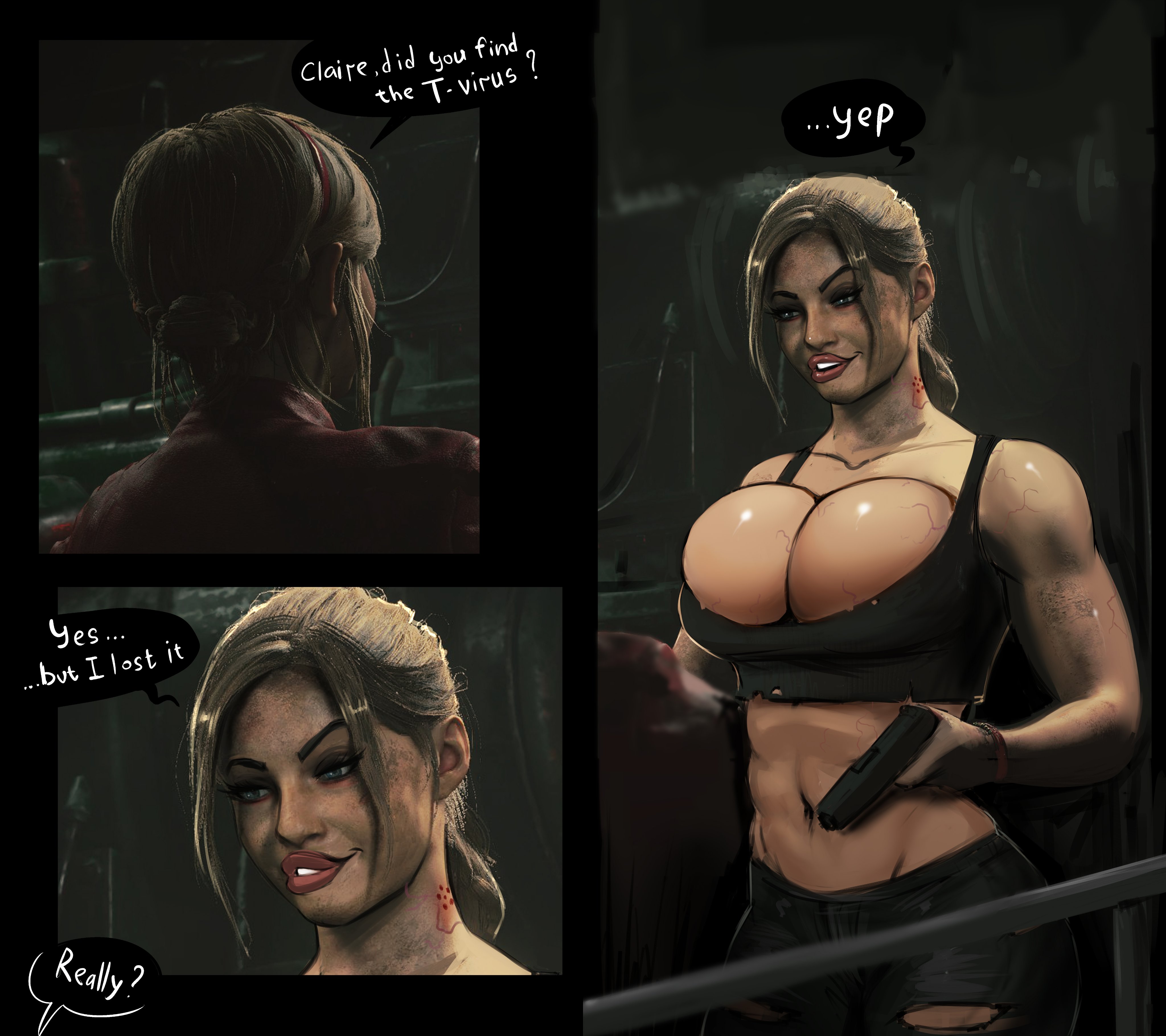 3d, aleksandrgav, big breasts, big lips, bimbo, bimbofication, breasts, bursting breasts, busty, capcom, claire redfield, claire redfield (jordan mcewen), cleavage, comic, edit, english text, female, female focus, firearm, handgun, hourglass figure, human, large breasts, lipstick, overflowing breasts, pale skin, puffy lips, redraw, resident evil, tagme, text, weapon, wide hips