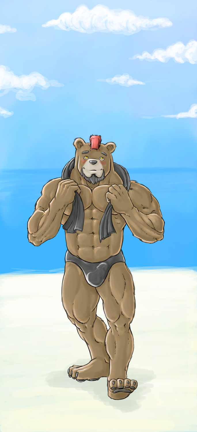 1boy anthro beach blush bulge clothing facial_hair goatee hi_res male male_only mammal mohawk muscular seaside solo speedo swimwear taoren towel towel_around_neck ursid