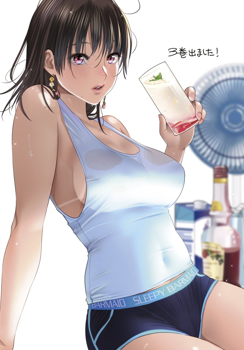 1girls alcohol bangs bare_arms bare_shoulders blue_shirt blush breasts brown_hair cleavage commentary_request covered_erect_nipples covered_navel cup drink drinking_glass earrings electric_fan female female_only hayakawa_pao holding holding_cup holding_drink holding_drinking_glass hot_day jewelry large_breasts original pao_(otomogohan) parted_lips red_eyes shirt short_shorts shorts sideboob sitting solo sweat sweatdrop tank_top translation_request