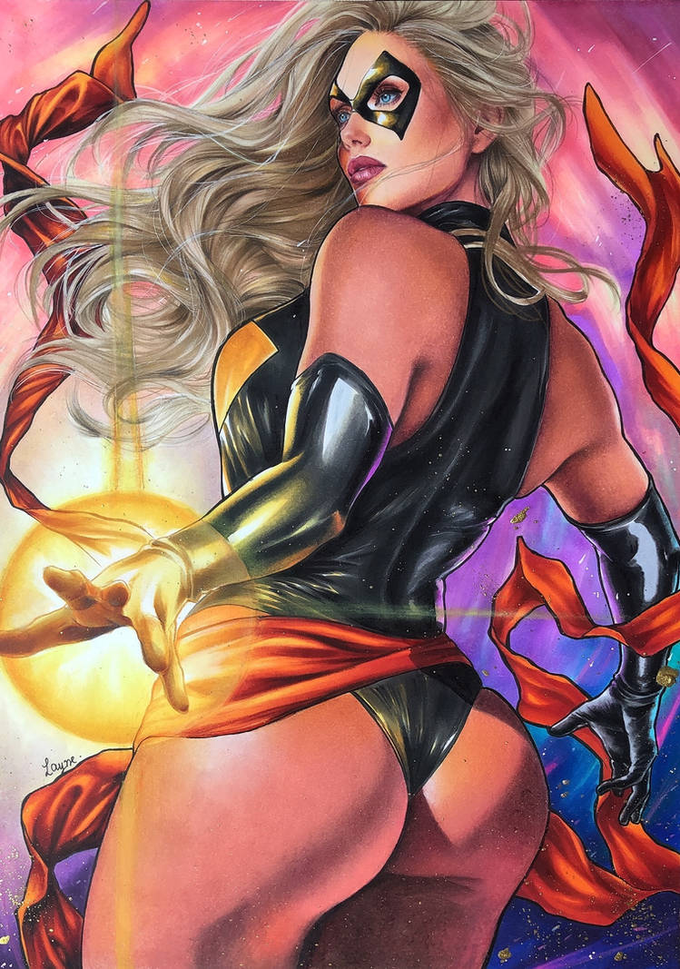 1girls ass_focus big_ass big_breasts big_butt blonde_hair blue_eyes breasts bylayne carol_danvers domino_mask female female_only long_hair marvel marvel_comics ms._marvel ms._marvel_(carol_danvers) solo