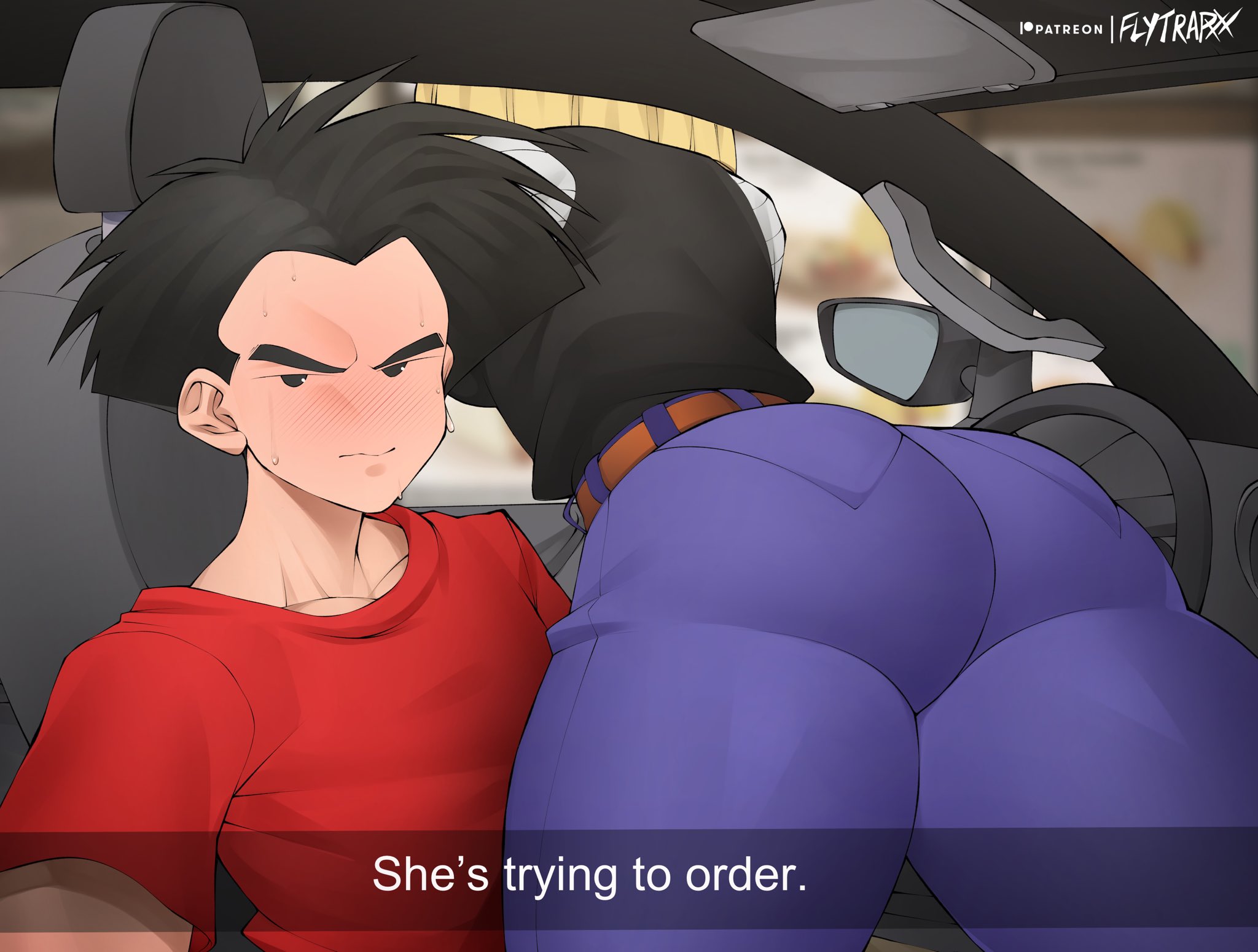 1boy, 1girls, 2022, android 18, ass, ass focus, big ass, big butt, black hair, blonde hair, blush, bubble ass, bubble butt, butt focus, car, dragon ball, dragon ball z, english text, female, flytrapxx, he wants to order, krillin, kuririn, male, meme, mob face, short hair, shounen jump, text, thick thighs, thighs, tight clothing, tight pants