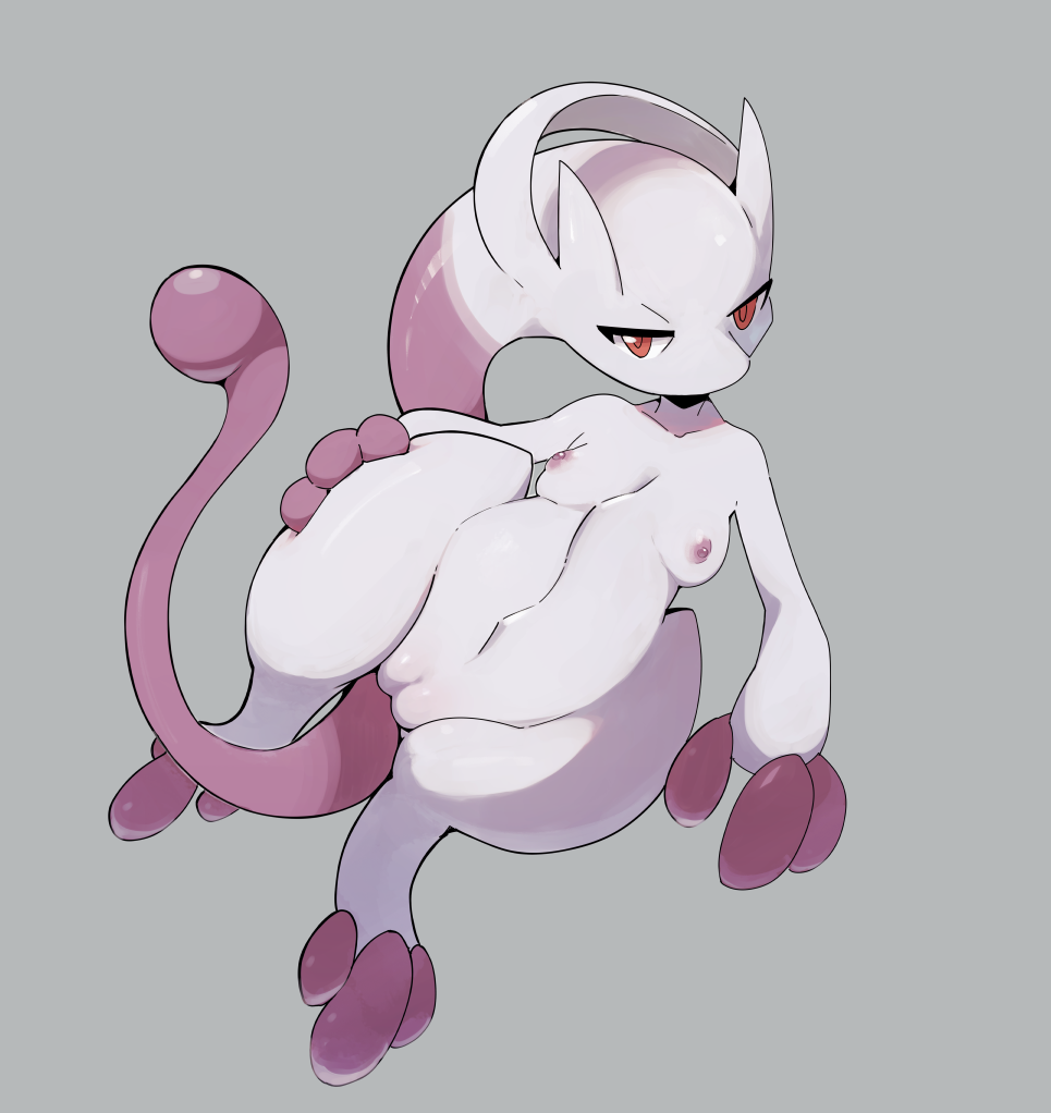 2022 3_fingers 3_toes anthro belly biped blush bodily_fluids body_blush breasts collaboration colored dodudoru feet female female_only fingers floating front_view genitals grey_background hand_on_hip legendary_pokemon looking_at_viewer mammal mega_evolution mega_mewtwo mega_mewtwo_y mewtwo narrowed_eyes nintendo nipples nirufin nude pokemon pokemon_(species) pussy pussy_blush red_eyes shaded shortstack simple_background small_breasts solo thick_thighs thigh_gap toes video_games wide_hips