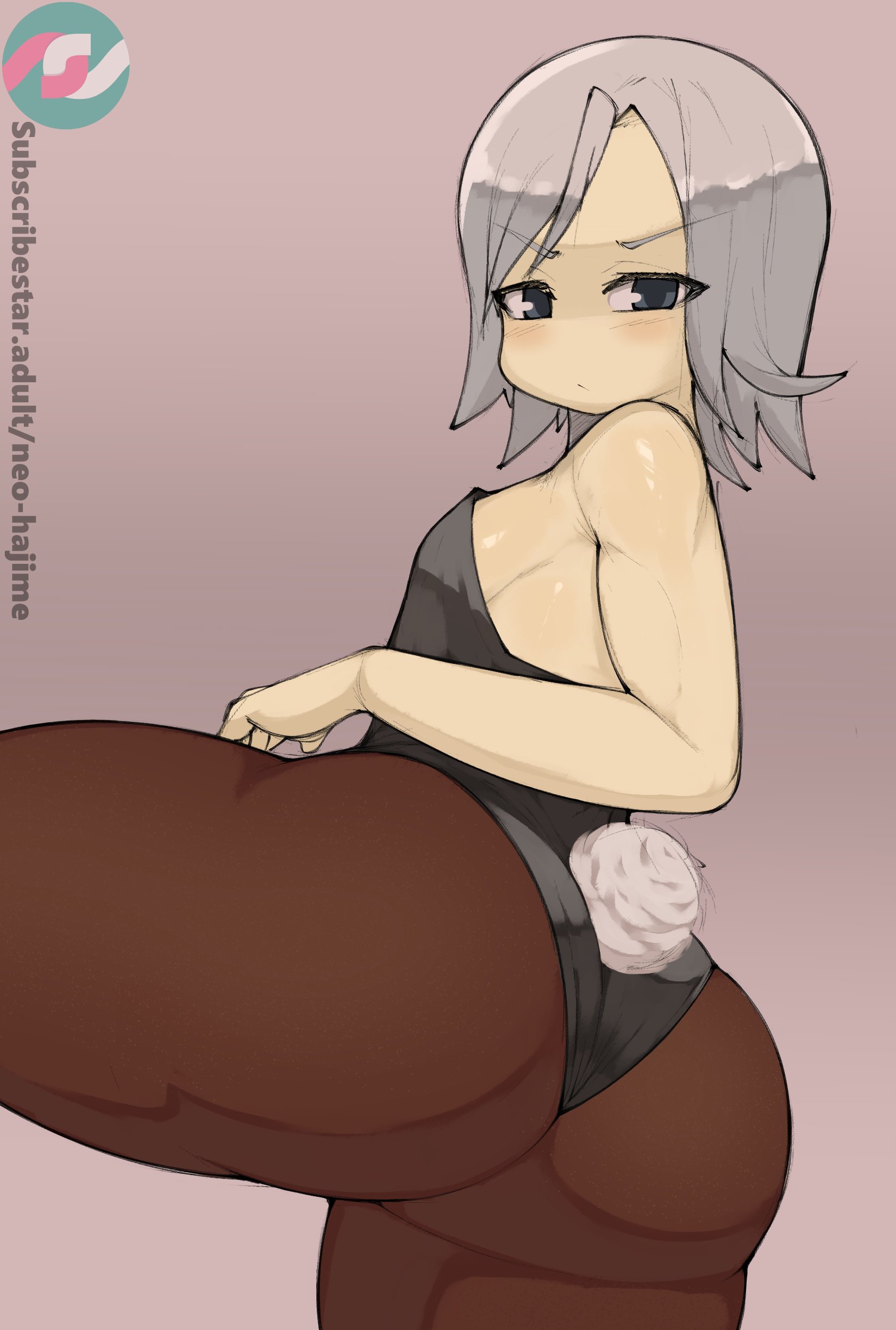 1girls, ass, big ass, big butt, breasts, bunny ears, bunnysuit, eye contact, female, female only, flat chest, grey hair, leotard, looking at viewer, neo hajime, original, pantyhose, short hair, small breasts, solo, solo female, tomboy