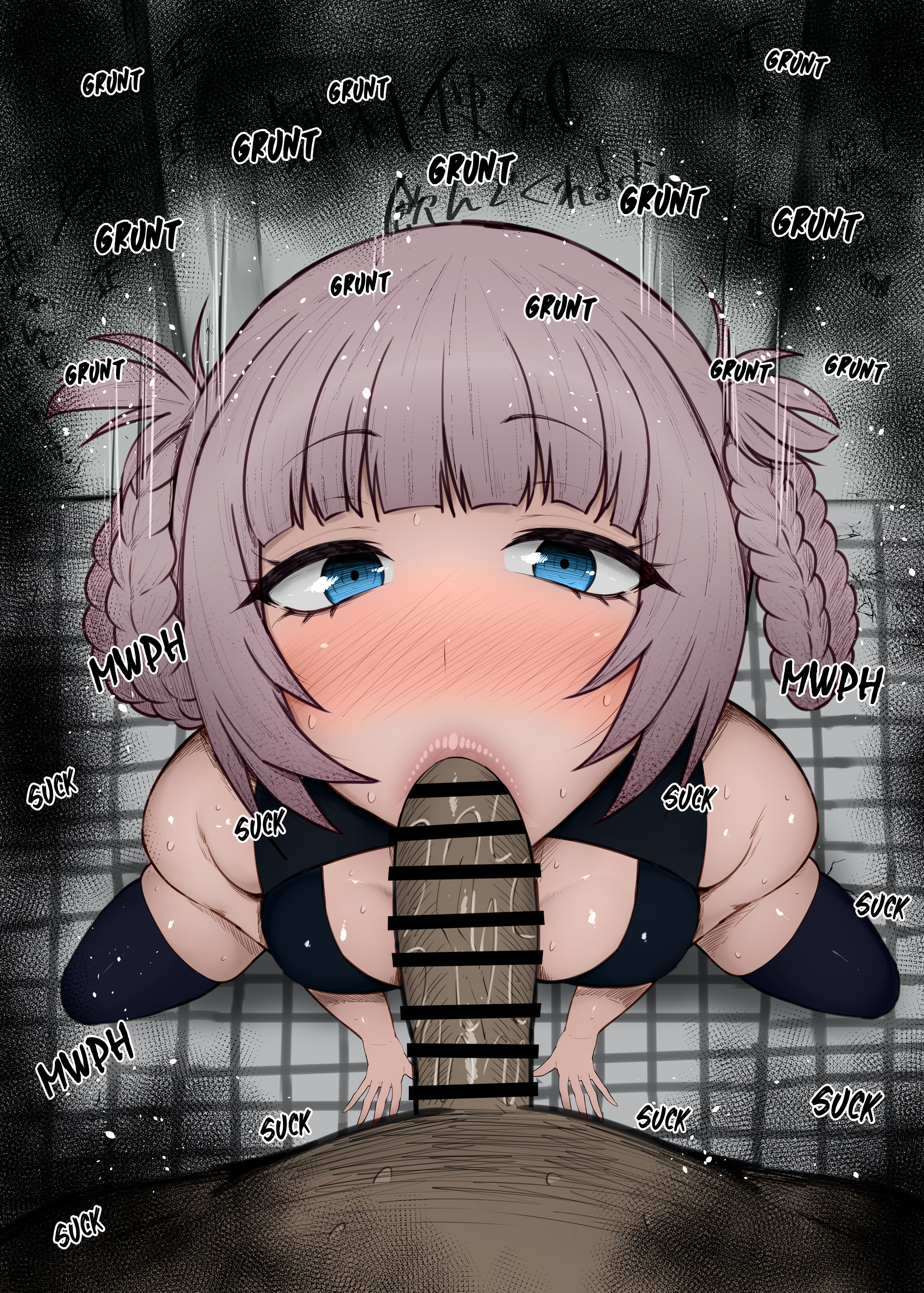 1boy, 1girls, bare shoulders, blush, bodysuit, braid, breasts, censor bar, censored, color, colored, colorized, dark penis, dark skin, dark-skinned male, english text, erection, fellatio, female, hard translated, heart, humanoid, indoor, interracial, kurotama, looking at viewer, male, medium breasts, nanakusa nazuna, oral, penis, pointless censoring, pov, saliva, shiny, shiny skin, sound effects, spread legs, spreading, squatting, sweat, tied hair, translated, vampire, veins, veiny penis, viewed from above, yofukashi no uta