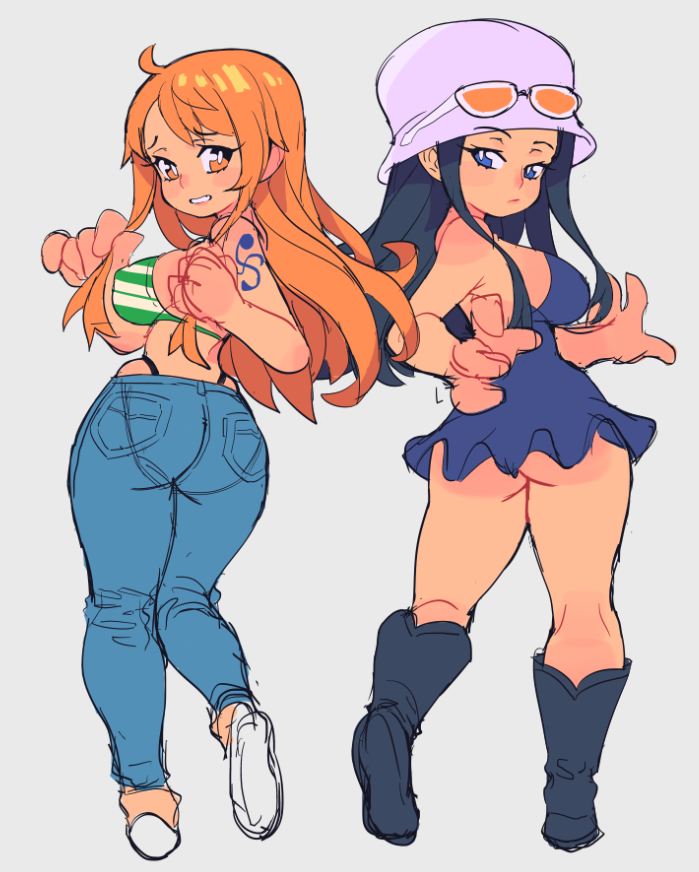 2girls big_ass big_breasts bikini breasts dress dressrosa feet female female_only hat jeans nami nico_robin one_piece post-timeskip slammo striped_bikini sunglasses tagme