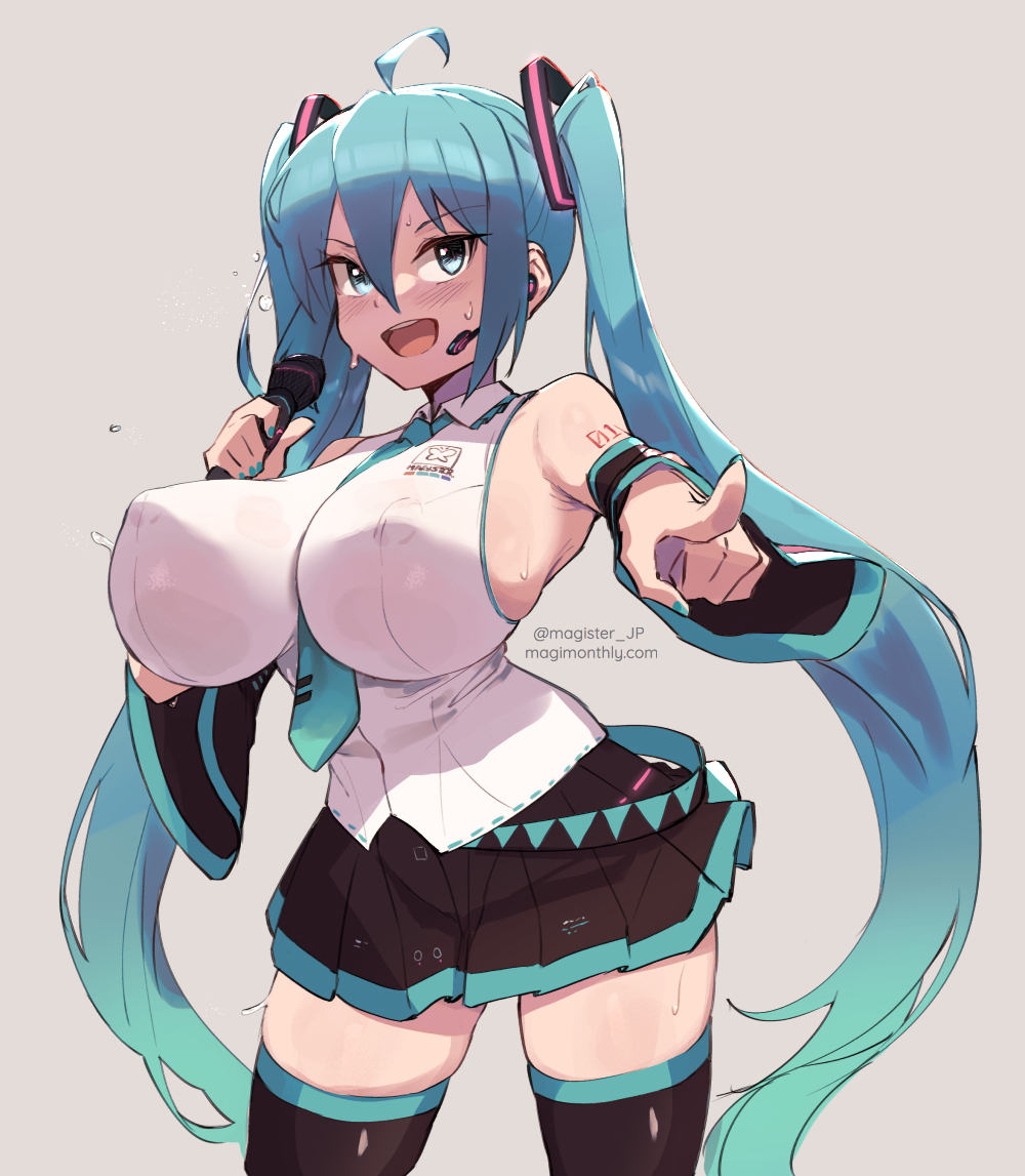 big_breasts blush breasts erect_nipples female hatsune_miku magister magister_(bigbakunyuu) open_mouth pointing_at_viewer vocaloid