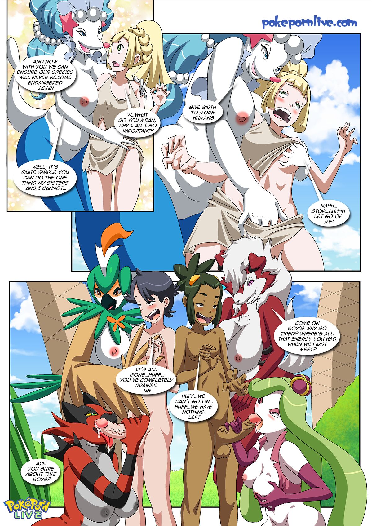 anthro bbmbbf comic decidueye dialogue elio_(pokemon) elio_(pokemon_usm) fellatio female female_decidueye female_incineroar handjob hau_(pokemon) incineroar isle_of_amazonian lillie_(pokemon) lycanroc midnight_lycanroc nintendo open_mouth palcomix pokemon pokemon_usm pokepornlive primarina speech_bubble tsareena