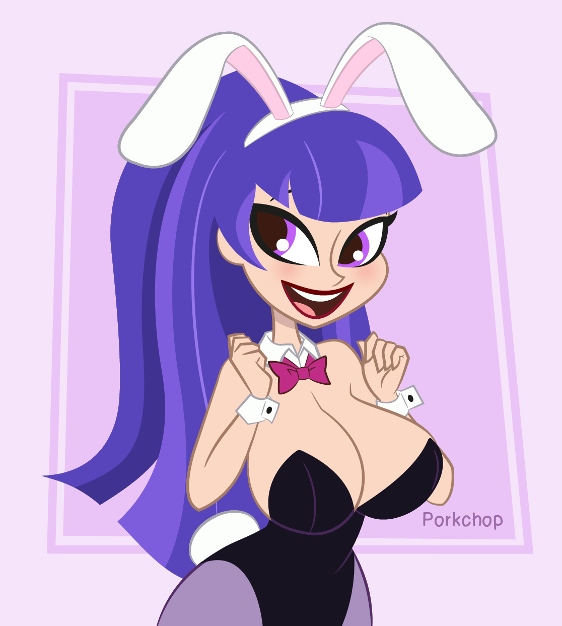 1girls, artist name, big breasts, blush, bowtie, breasts, bunny ears, bunny tail, bunnysuit, cleavage, dc, dc comics, dc super hero girls, female, female only, large breasts, light skin, light-skinned female, porkchop (artist), purple eyes, purple hair, solo, solo female, solo focus, wide hips, zatanna, zee zatara