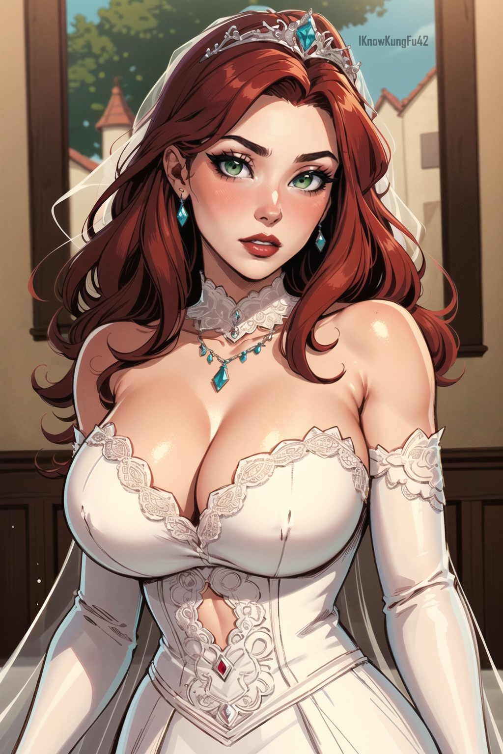 1girls, ai generated, artist name, big breasts, big lips, blush, breasts, busty, choker, cleavage, clothed, clothing, crown, detailed background, dress, earrings, eyelashes, female, female human, female only, gloves, green eyes, human, iknowkungfu42, jewelry, large breasts, light skin, light-skinned female, lips, long hair, looking at viewer, original, original character, parted lips, red hair, red lips, seductive, seductive look, solo, thick lips, tiara, veil, wavy hair, wedding dress, white clothing, white dress