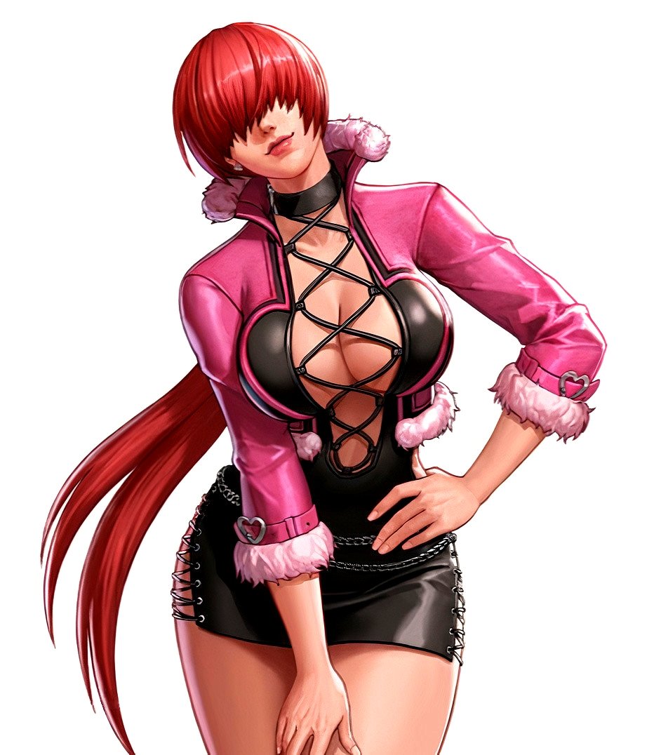 ass, black dress, bodycon, breasts, choker, cleavage, cleavage cutout, cleavage dress, cleavage window, dress, earrings, female, hidden eyes, jewelry, king of fighters, large ass, large breasts, lipgloss, lipstick, long hair, makeup, no eyes, rayzo-1986, red hair, red lips, shermie (kof), short dress, solo, thick thighs, white background