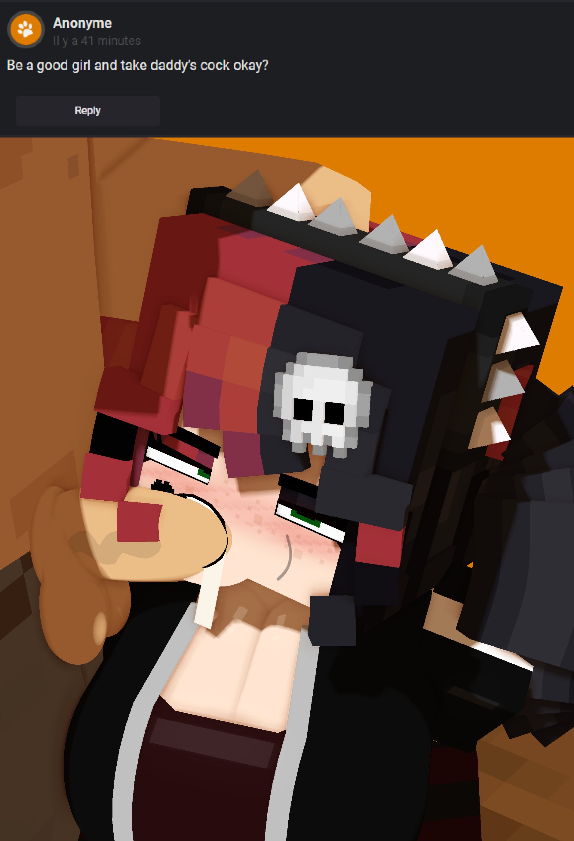 1boy, 1girls, 3d, ask blog, balls, big breasts, blowjob, breasts, cleavage, clothing, ellie walls (odysseyellie), faceless male, fellatio, female, freckles, goth, goth girl, green eyes, horny female, huge breasts, jacket, looking at viewer, male, mine-imator, minecraft, odysseyellie, pants, penis, penis out, pigtails, red hair, saliva, skull hair ornament, spiked hairband, straight, tagme, two-tone hair, unamused, undershirt, unimpressed